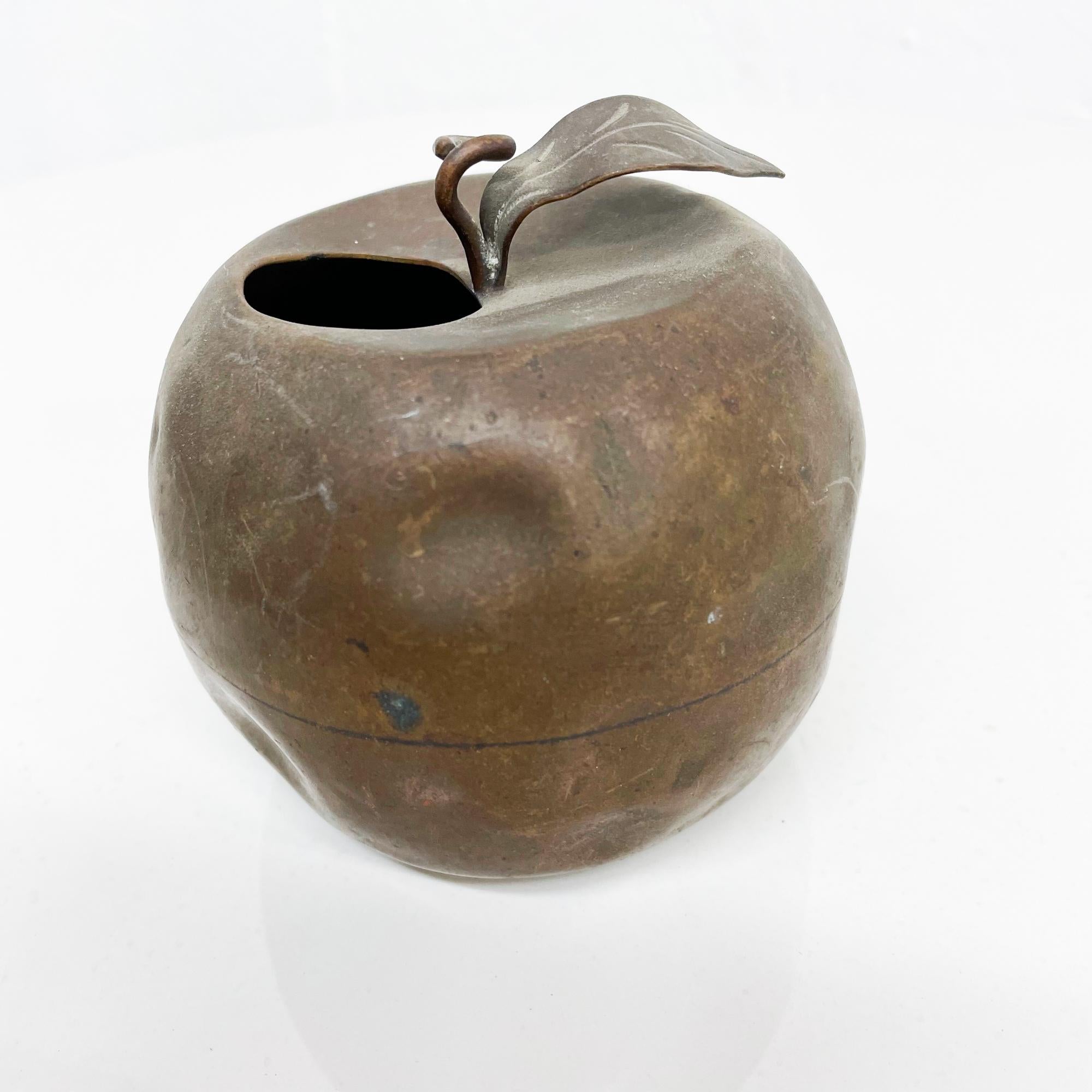 Mid-Century Modern Patinated Brass Apple Shaped Vessel Flower Bud Vase or Pen Holder Desk Accessory