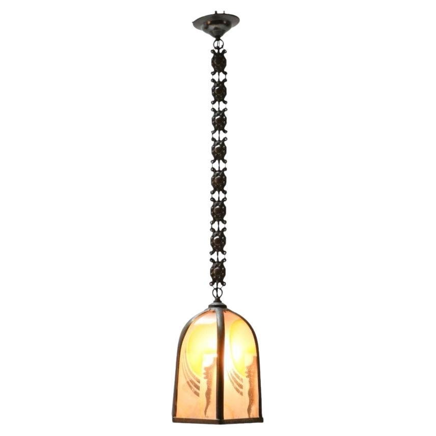 Patinated Brass Art Deco Amsterdamse School Pendant Lamp, 1920s For Sale