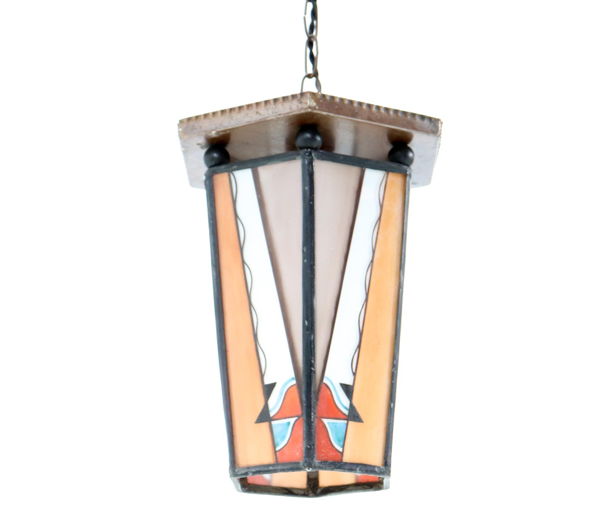 Patinated Brass Art Deco Amsterdamse School Stained Glass Lantern, 1920s 6