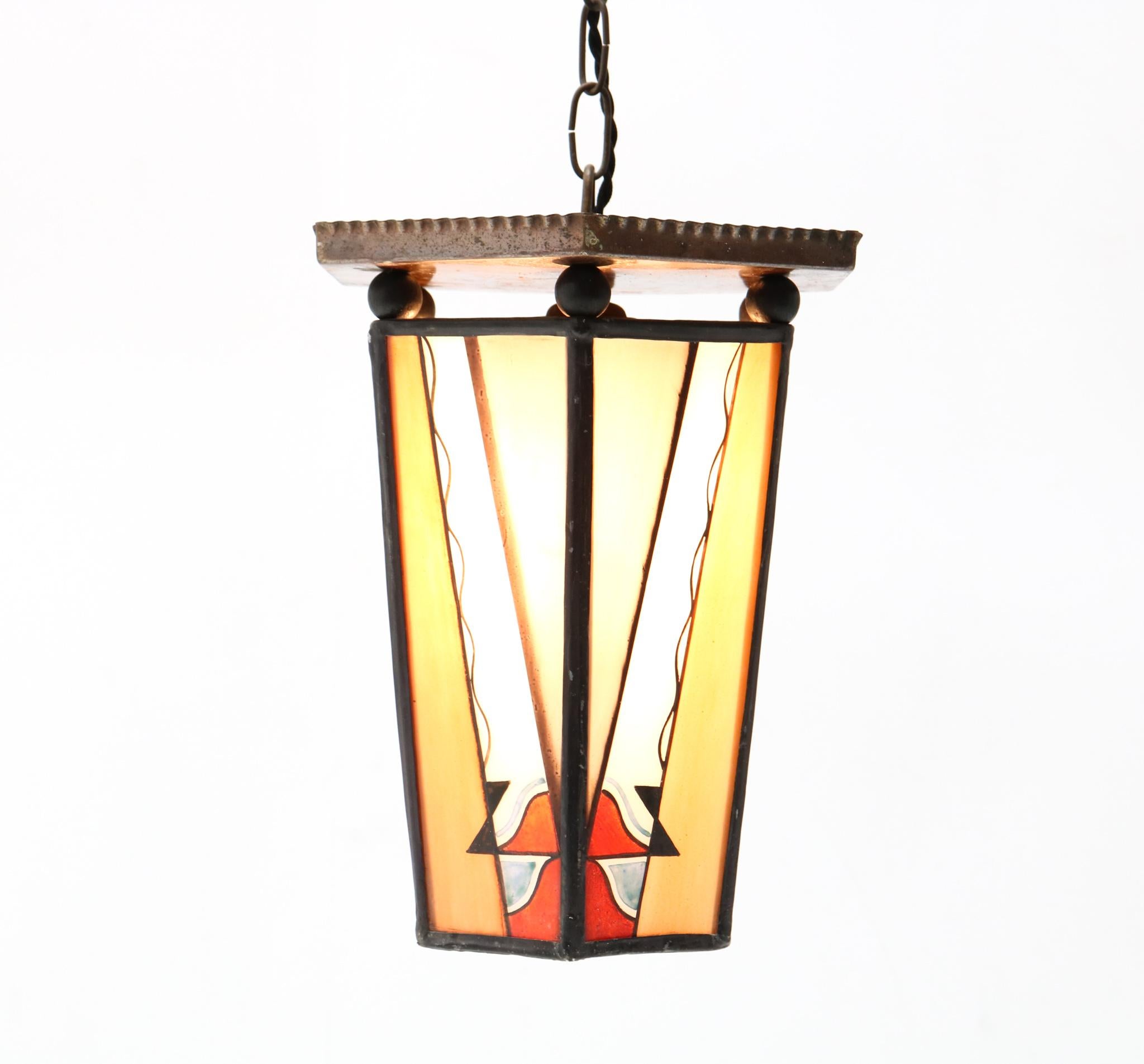 Early 20th Century Patinated Brass Art Deco Amsterdamse School Stained Glass Lantern, 1920s