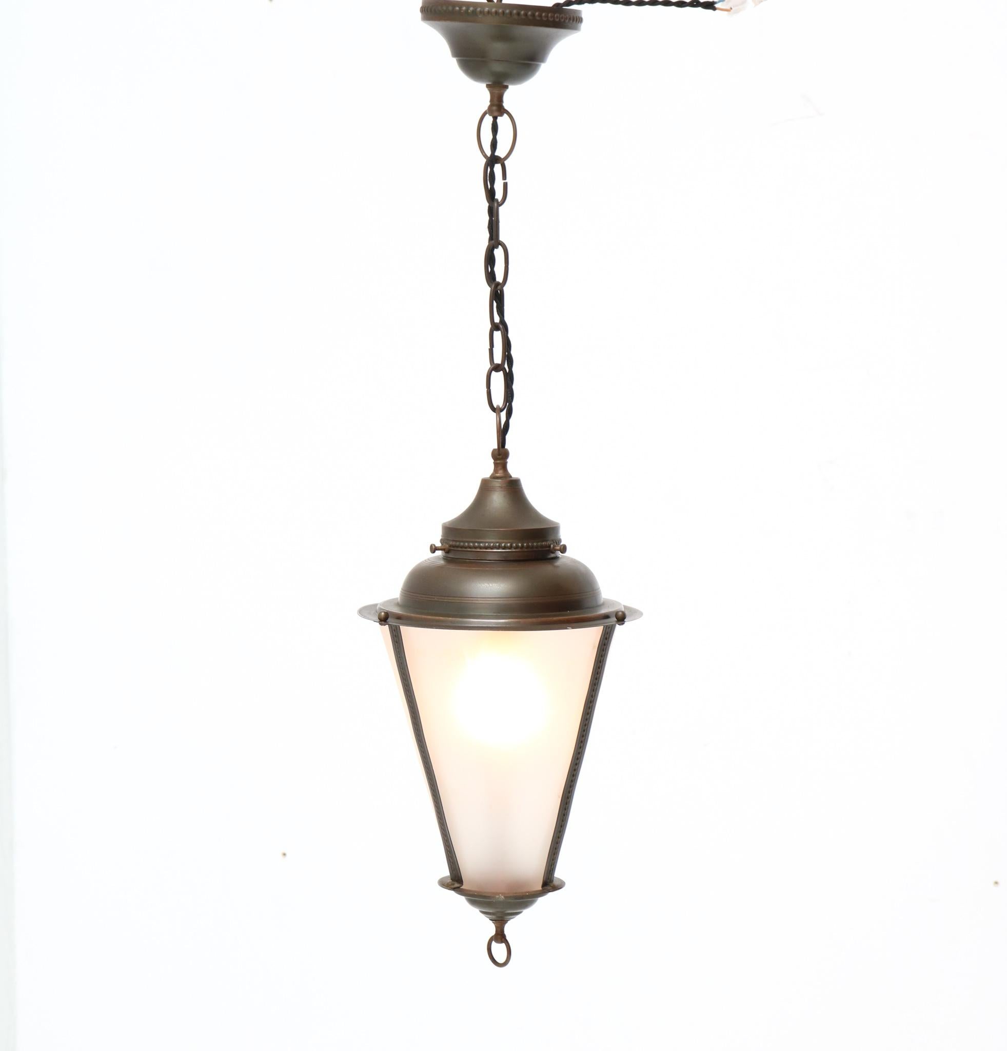 Etched Patinated Brass Art Nouveau Lantern, 1900s