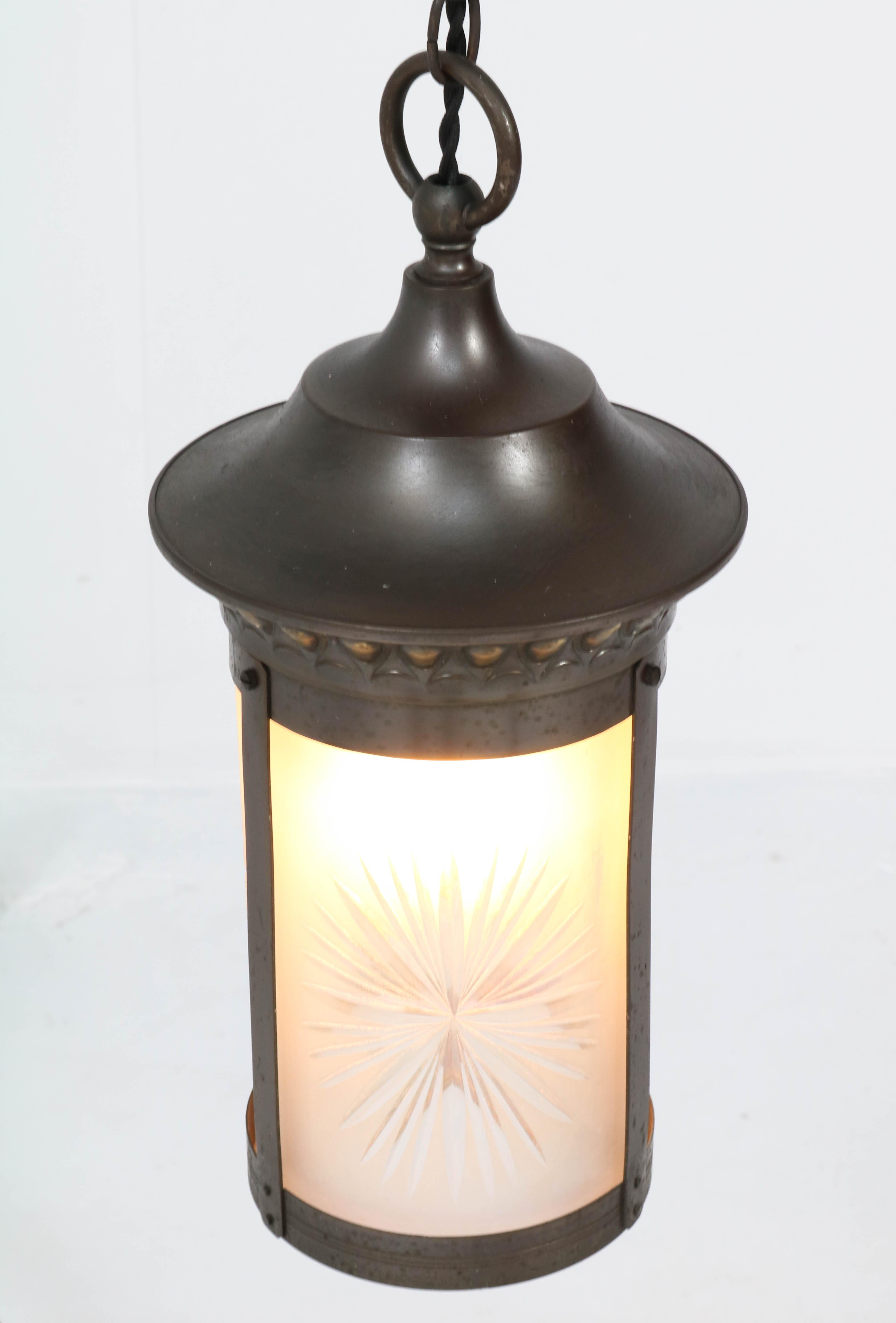 Patinated Brass Art Nouveau Lantern with Etched Glass, 1900s For Sale 5