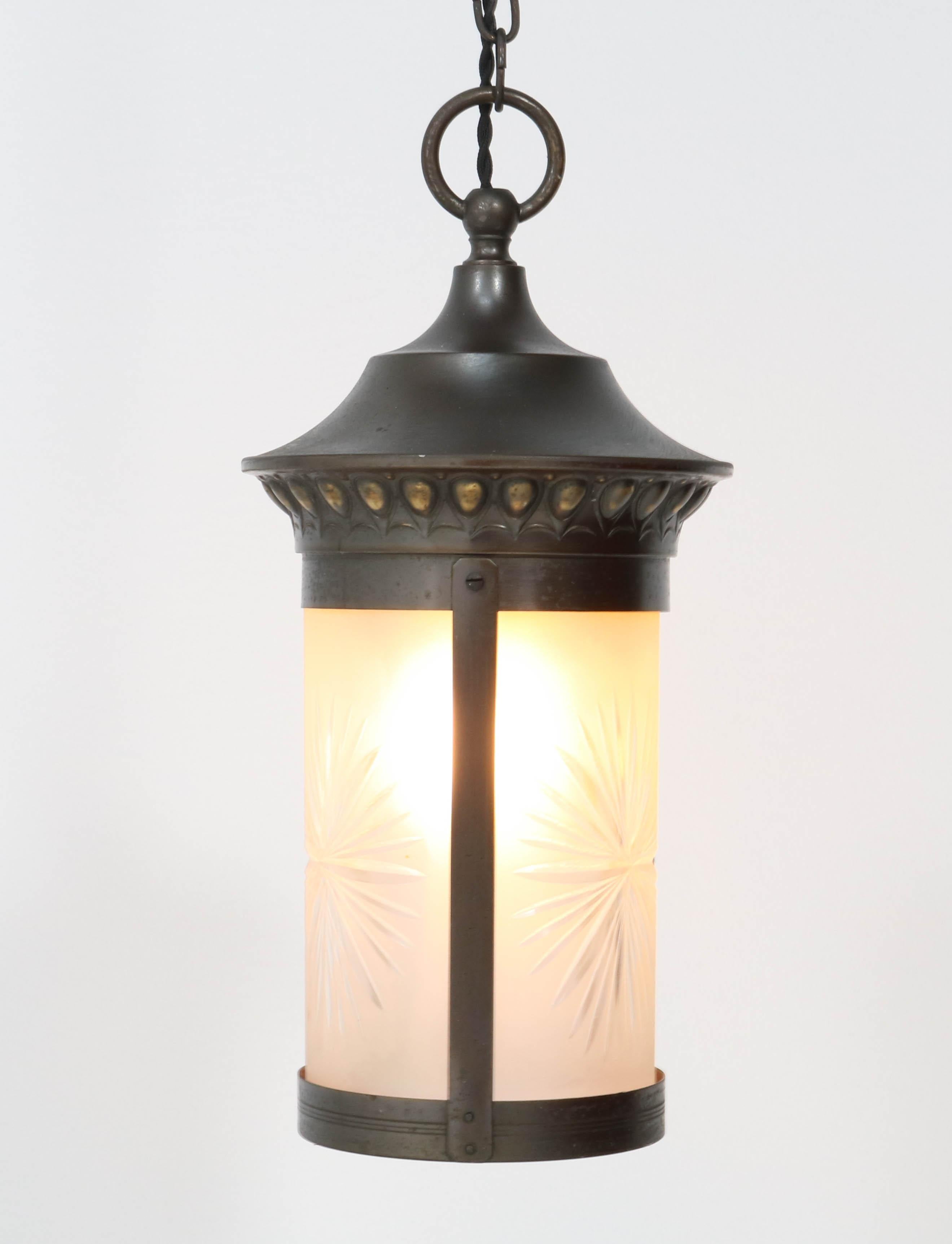 Patinated Brass Art Nouveau Lantern with Etched Glass, 1900s For Sale 6