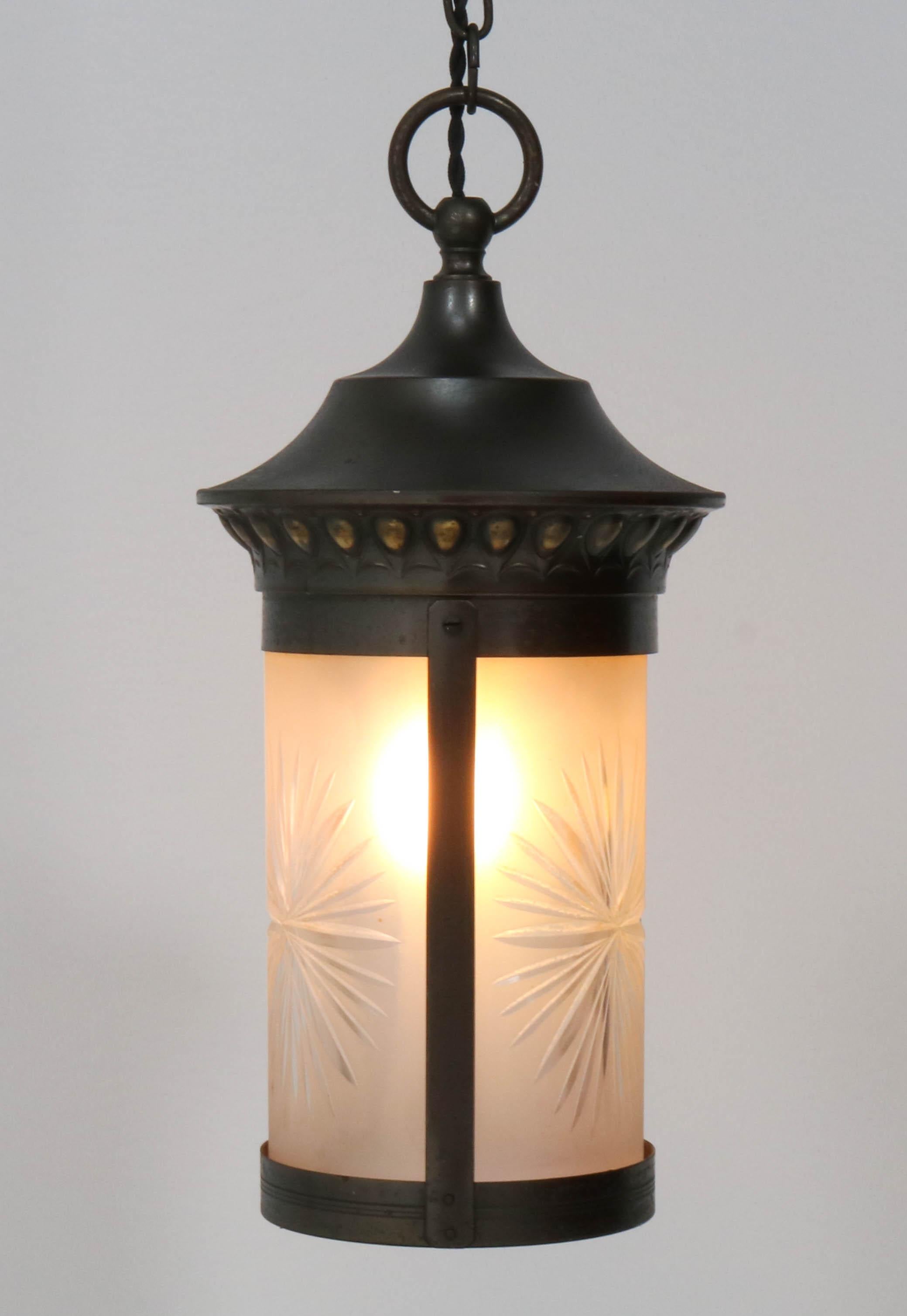 Patinated Brass Art Nouveau Lantern with Etched Glass, 1900s For Sale 7