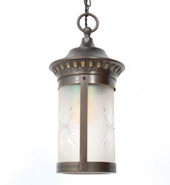 Patinated Brass Art Nouveau Lantern with Etched Glass, 1900s