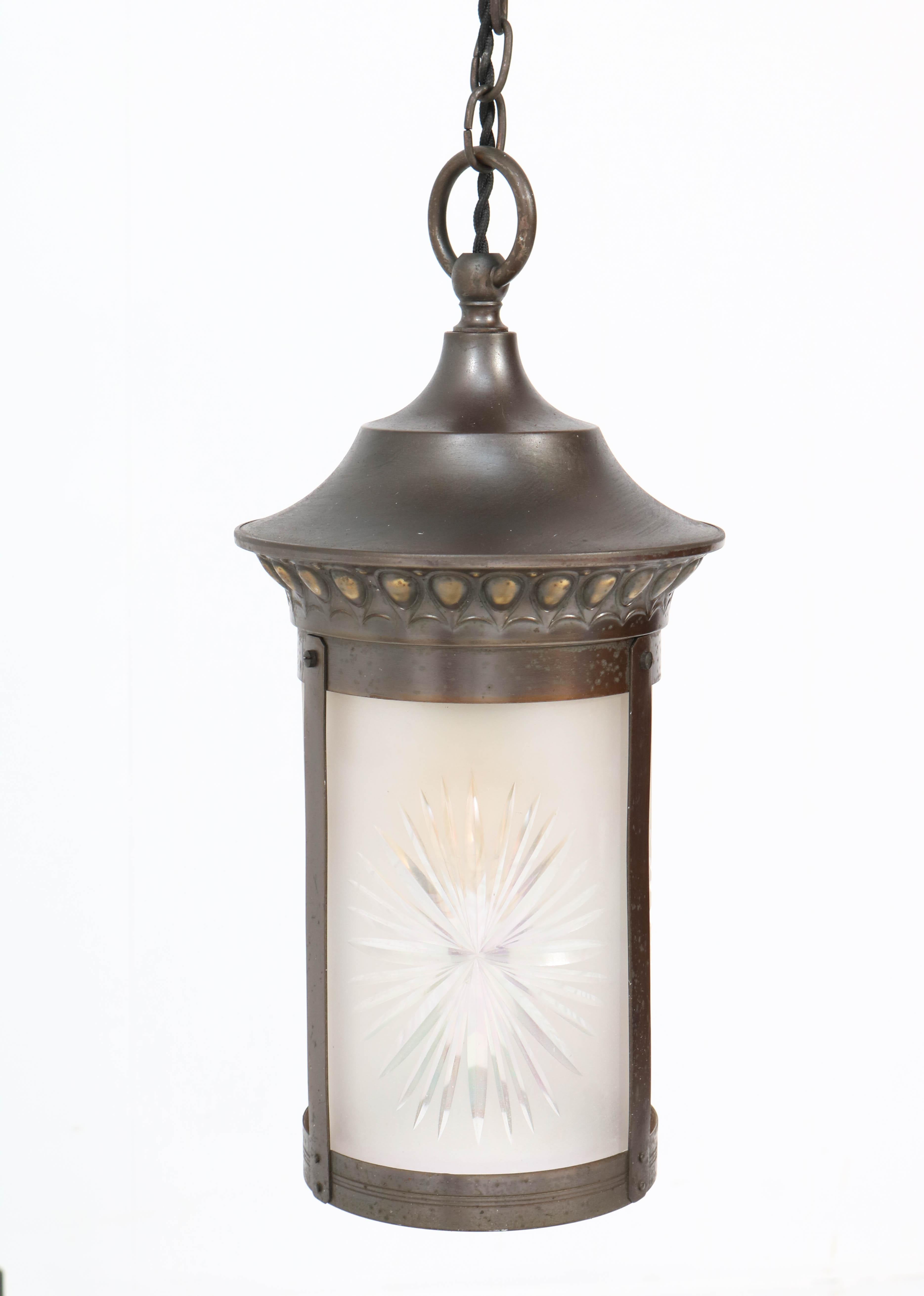 Dutch Patinated Brass Art Nouveau Lantern with Etched Glass, 1900s For Sale
