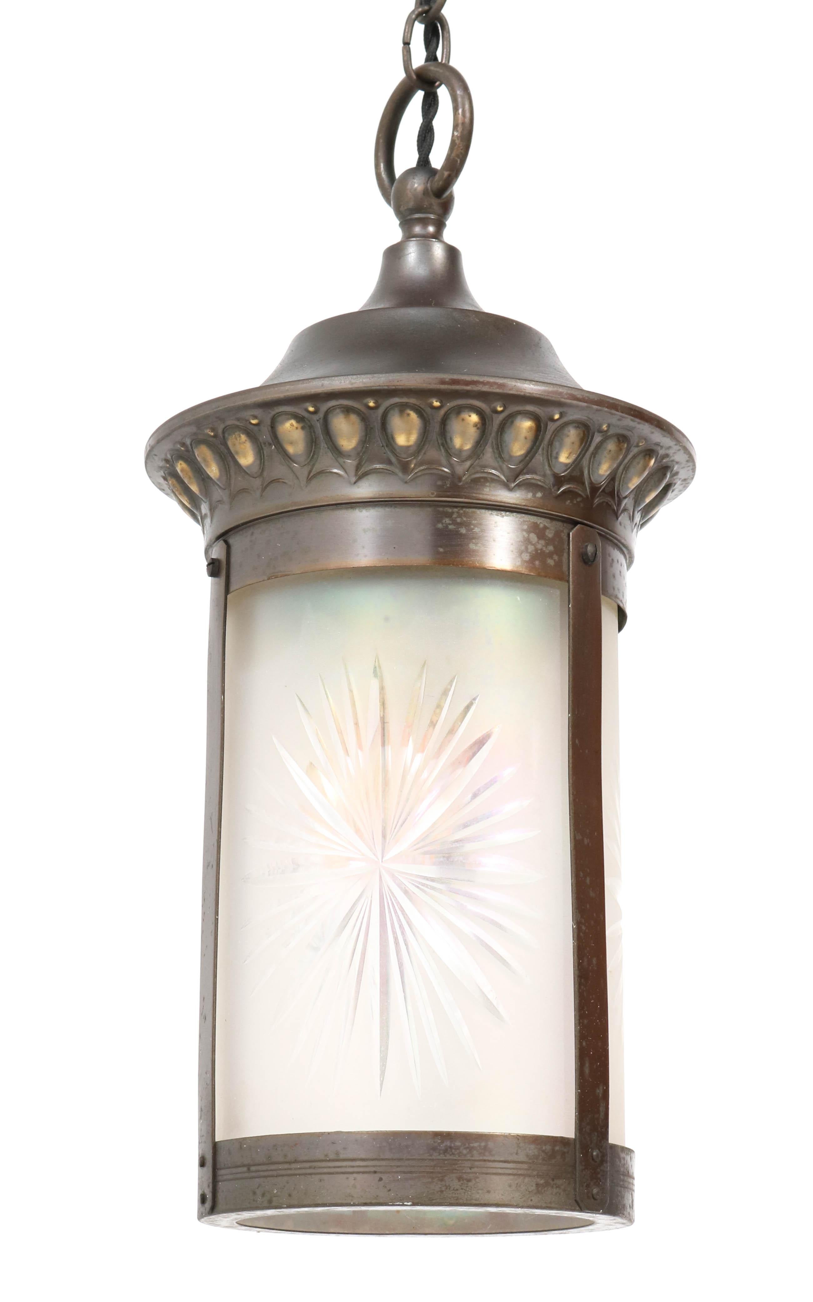 Early 20th Century Patinated Brass Art Nouveau Lantern with Etched Glass, 1900s For Sale