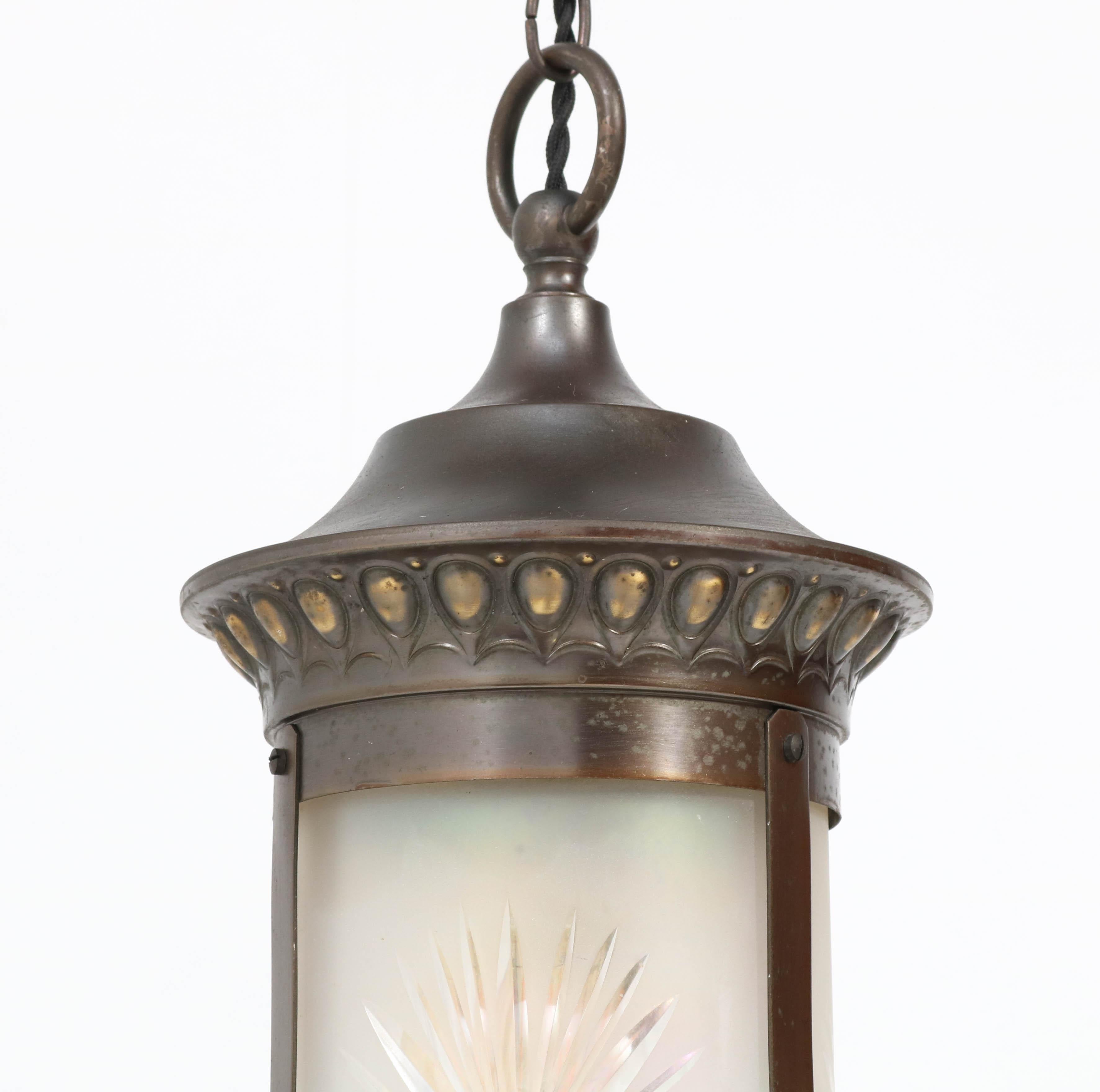 Patinated Brass Art Nouveau Lantern with Etched Glass, 1900s For Sale 1