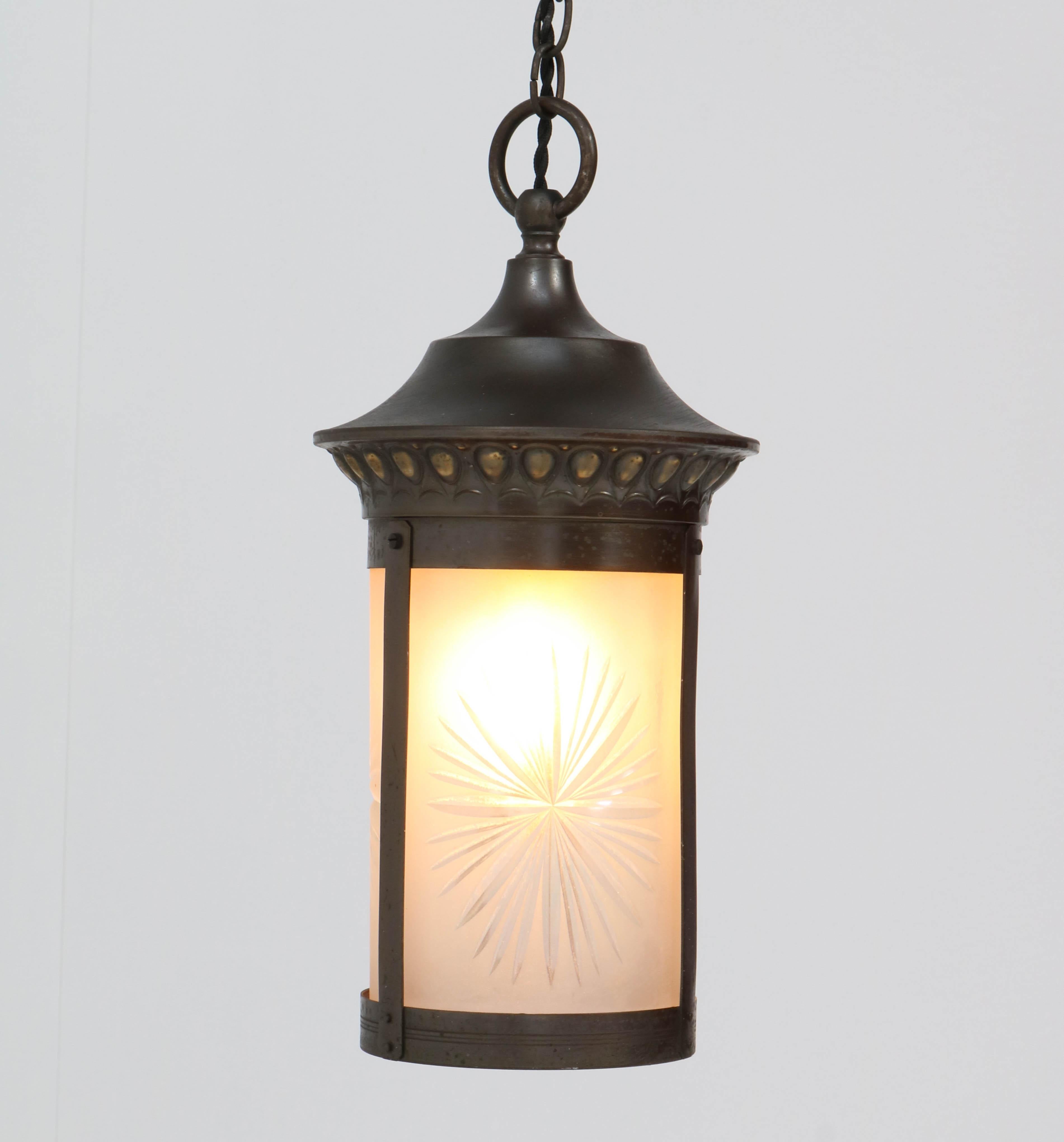 Patinated Brass Art Nouveau Lantern with Etched Glass, 1900s For Sale 3