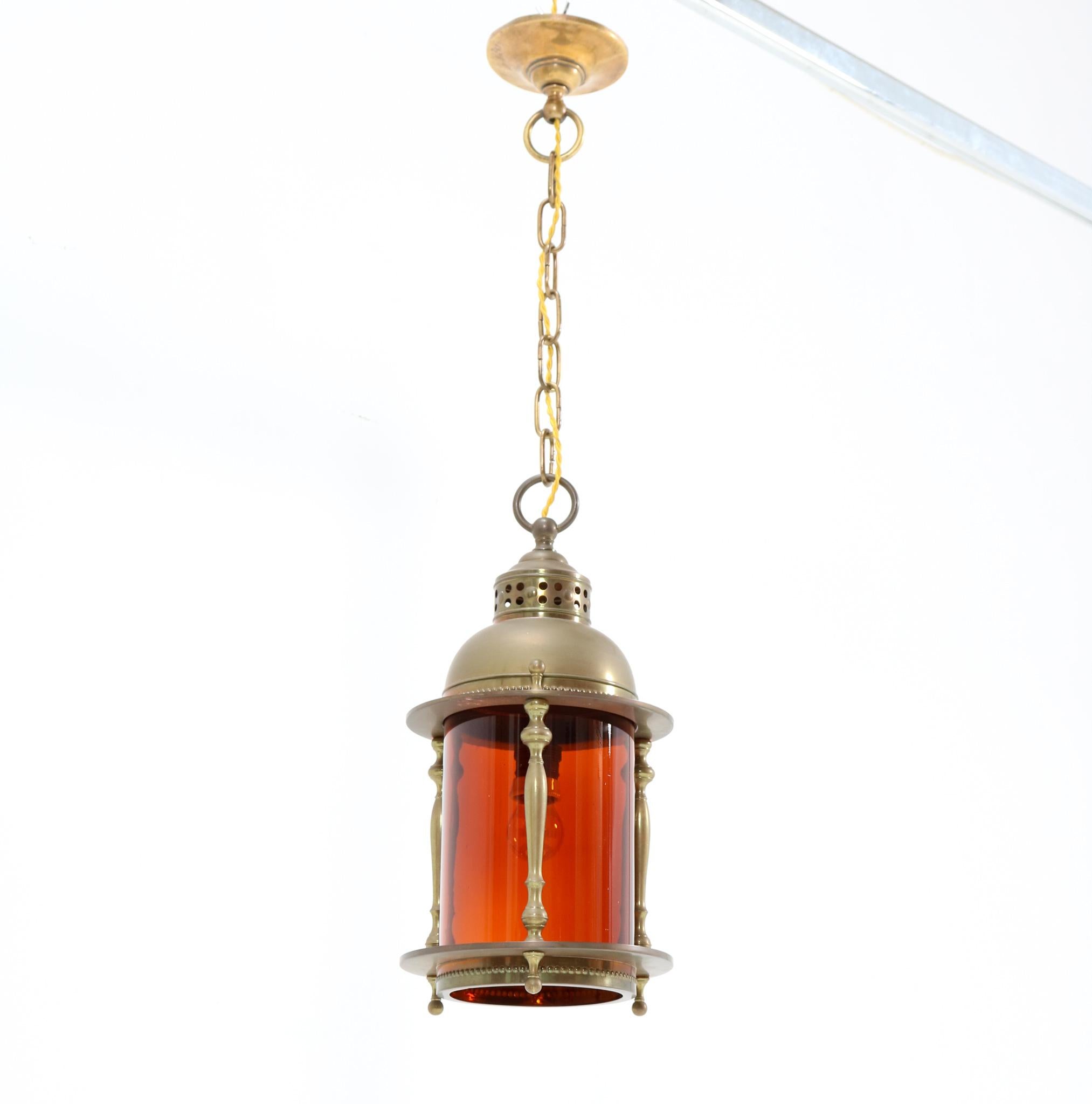 Dutch Patinated Brass Art Nouveau Lantern with Original Glass Shade, 1900s For Sale