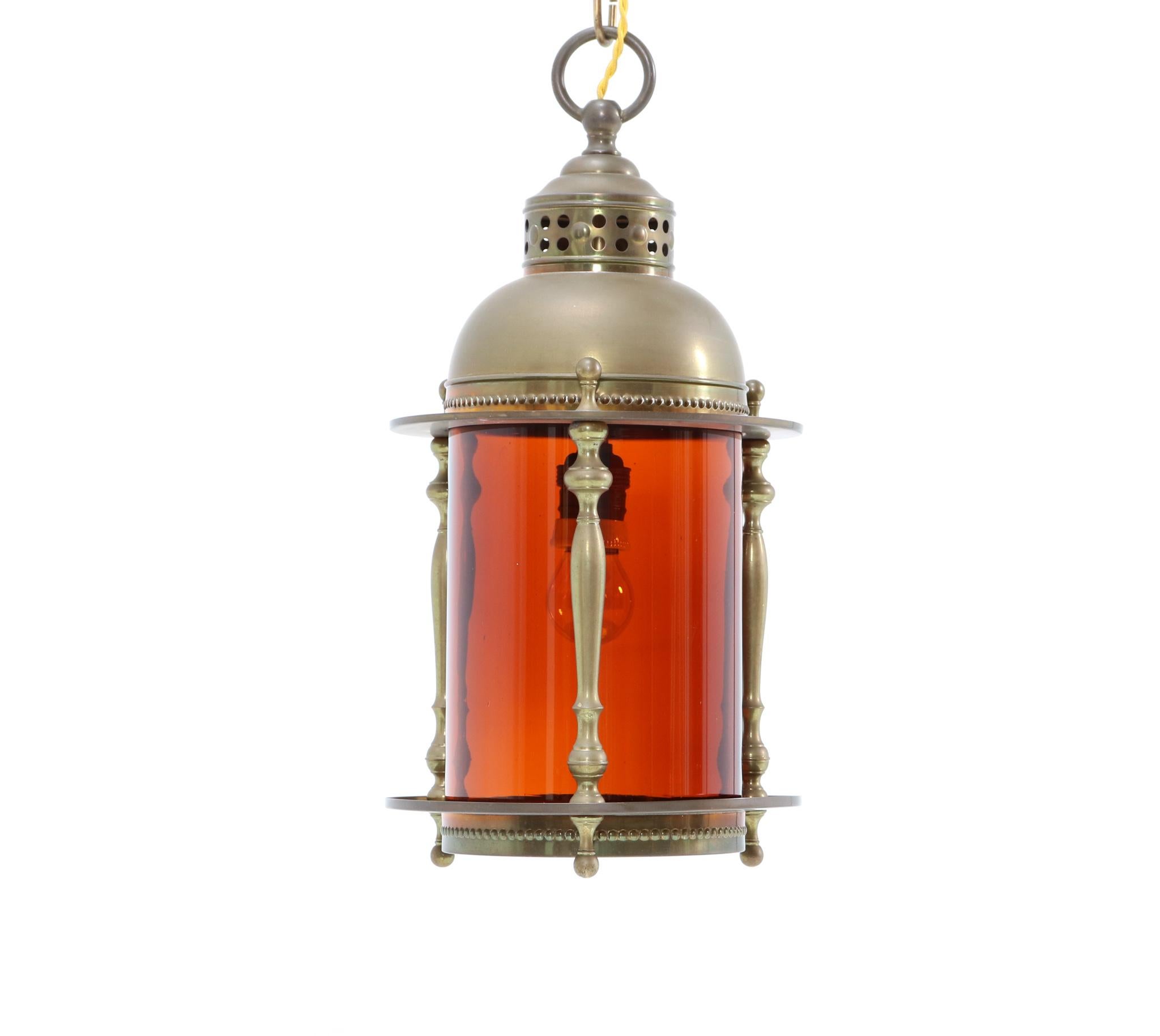 Early 20th Century Patinated Brass Art Nouveau Lantern with Original Glass Shade, 1900s For Sale