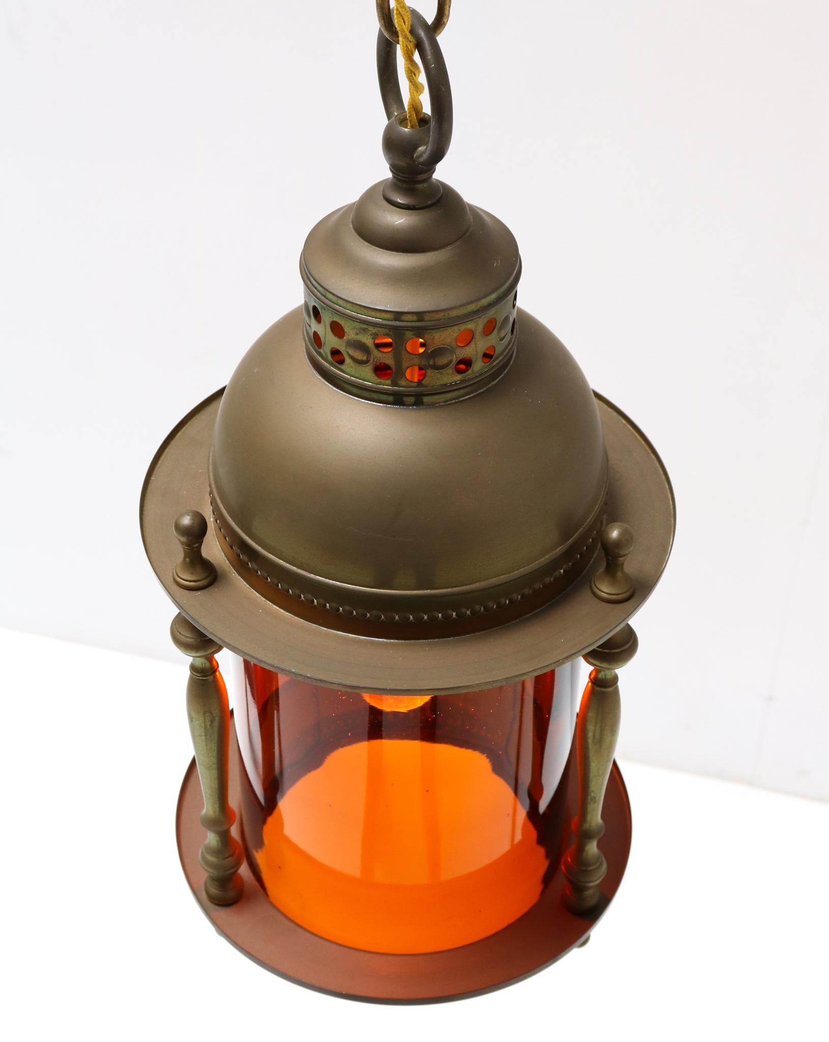 Patinated Brass Art Nouveau Lantern with Original Glass Shade, 1900s For Sale 2