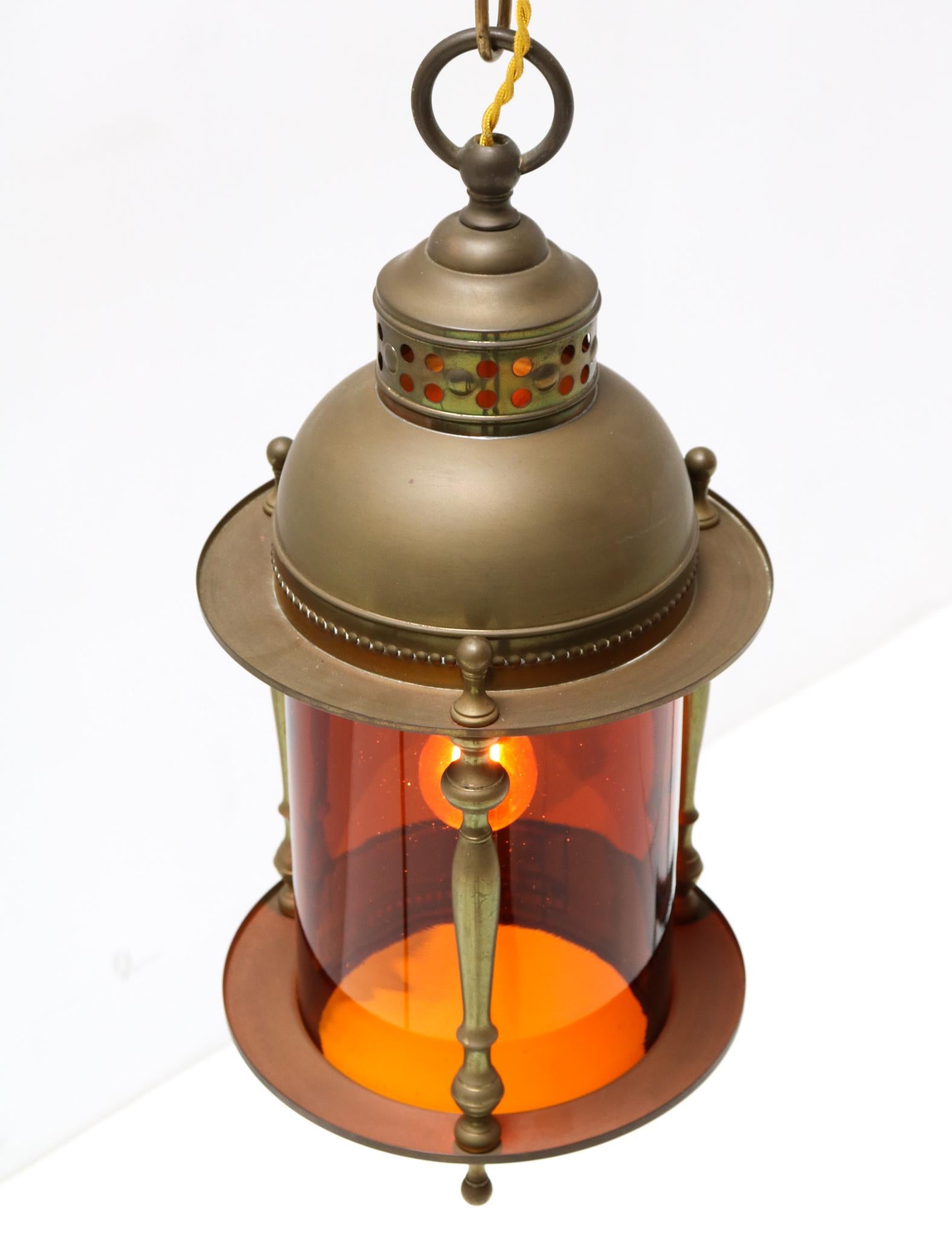 Patinated Brass Art Nouveau Lantern with Original Glass Shade, 1900s For Sale 4