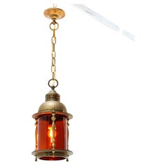 Patinated Brass Art Nouveau Lantern with Original Glass Shade, 1900s