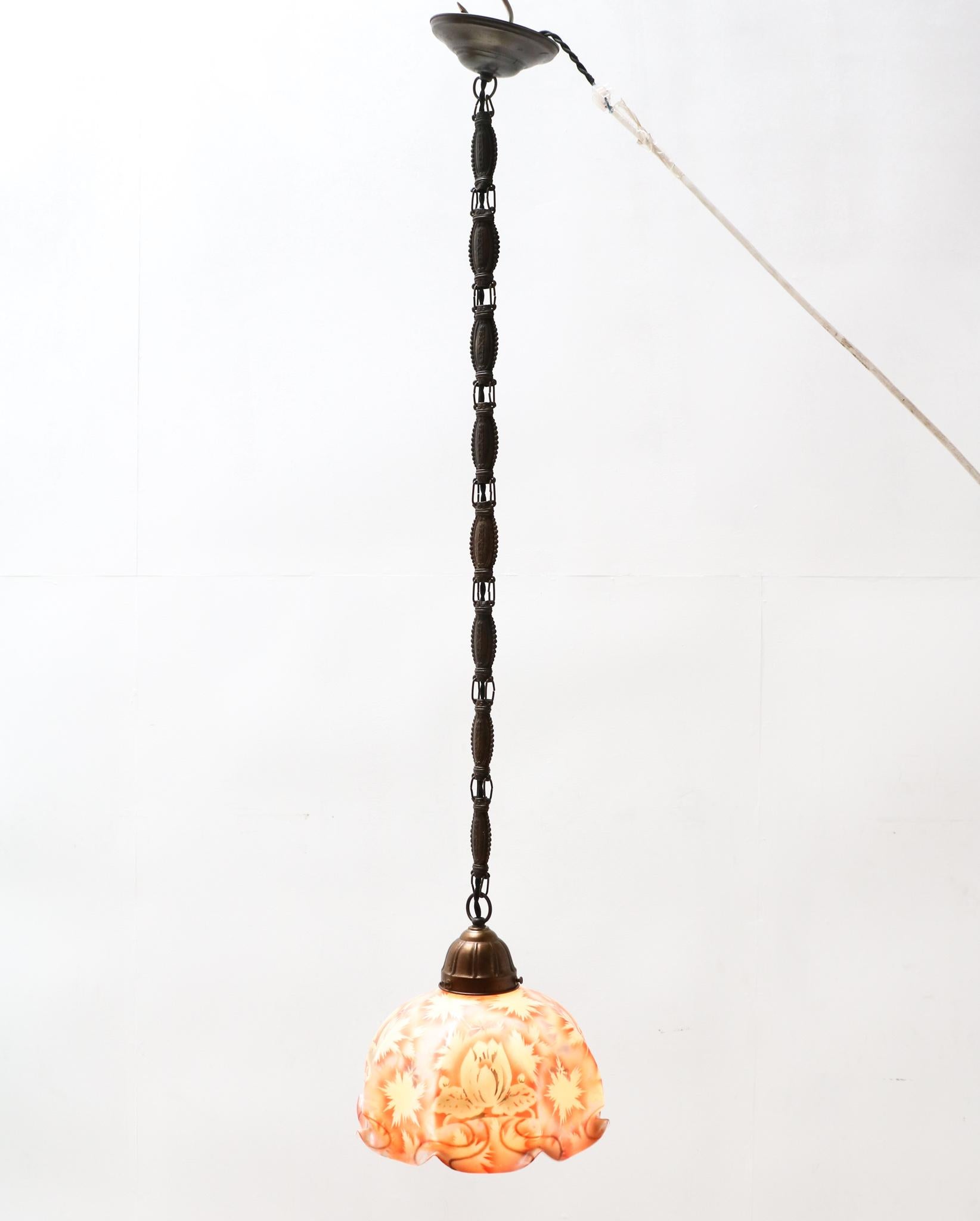Patinated Brass Art Nouveau Pendant Light In Good Condition In Amsterdam, NL