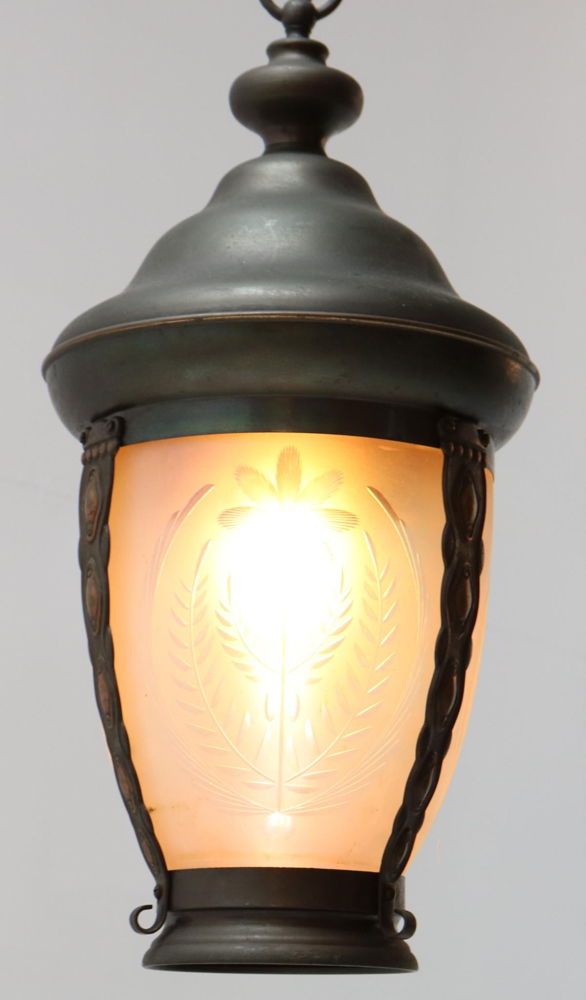 Dutch Patinated Brass Art Nouveau Pendant Light or Lantern, 1900s