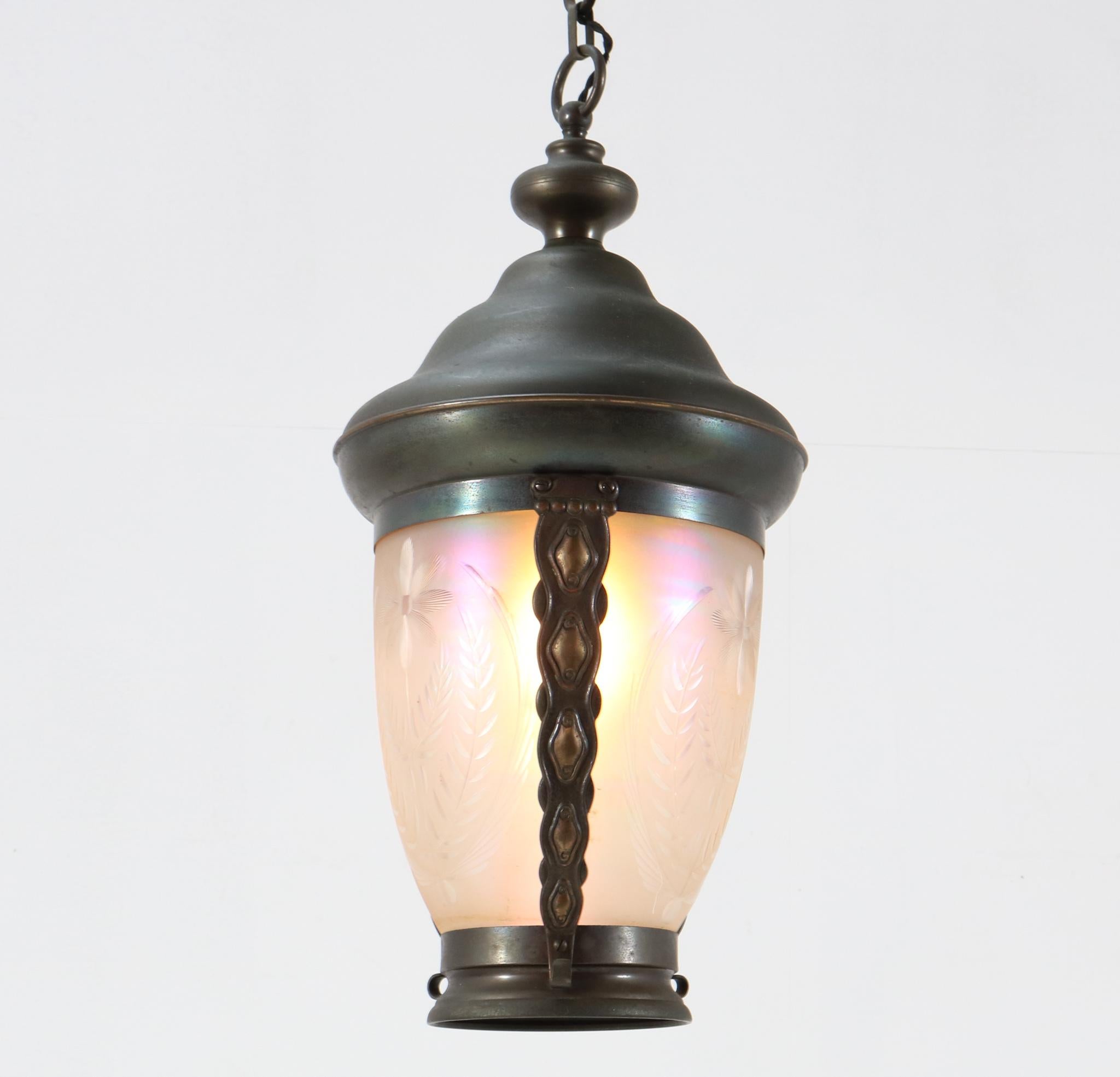 Patinated Brass Art Nouveau Pendant Light or Lantern, 1900s In Good Condition In Amsterdam, NL
