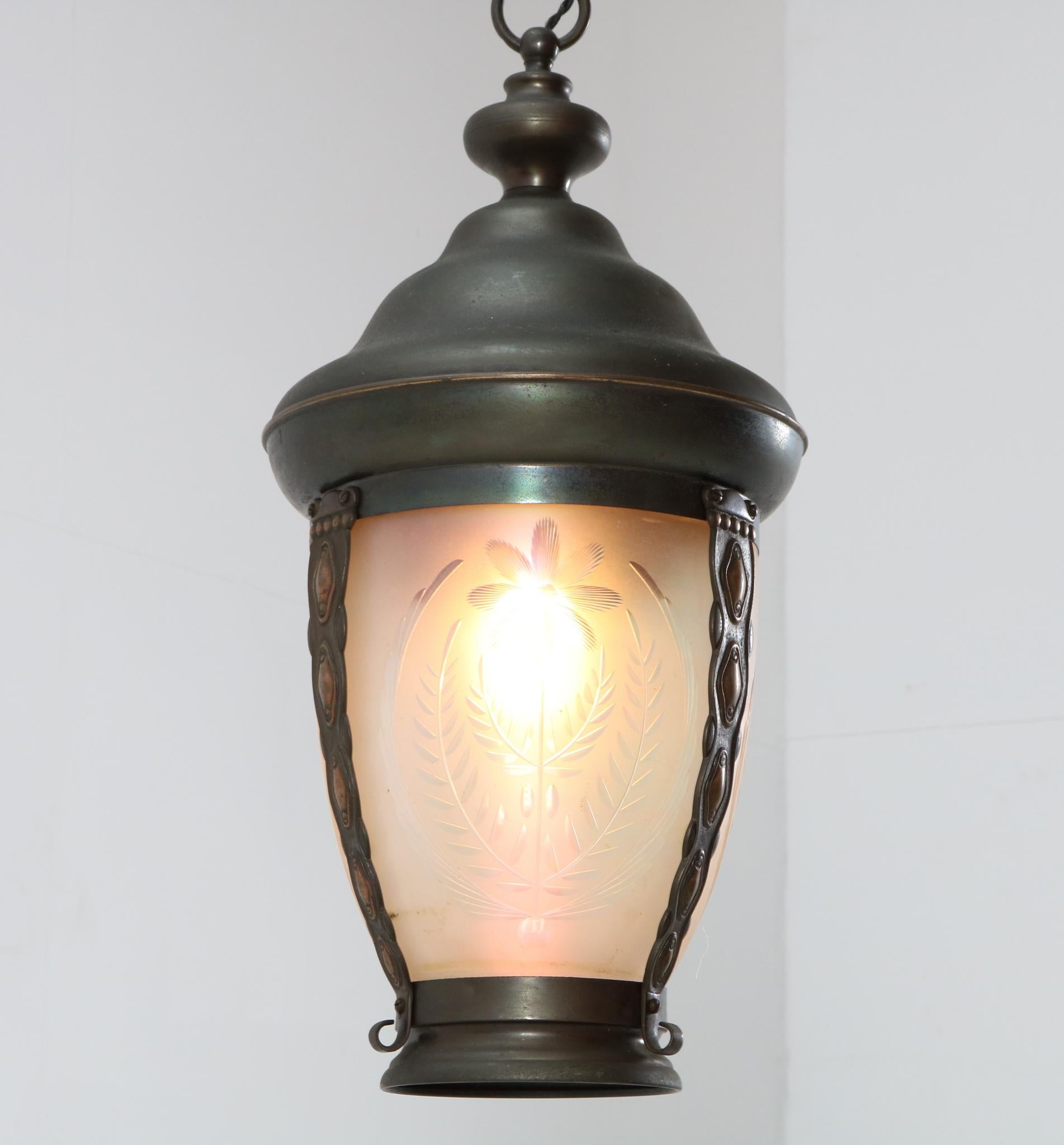 Early 20th Century Patinated Brass Art Nouveau Pendant Light or Lantern, 1900s