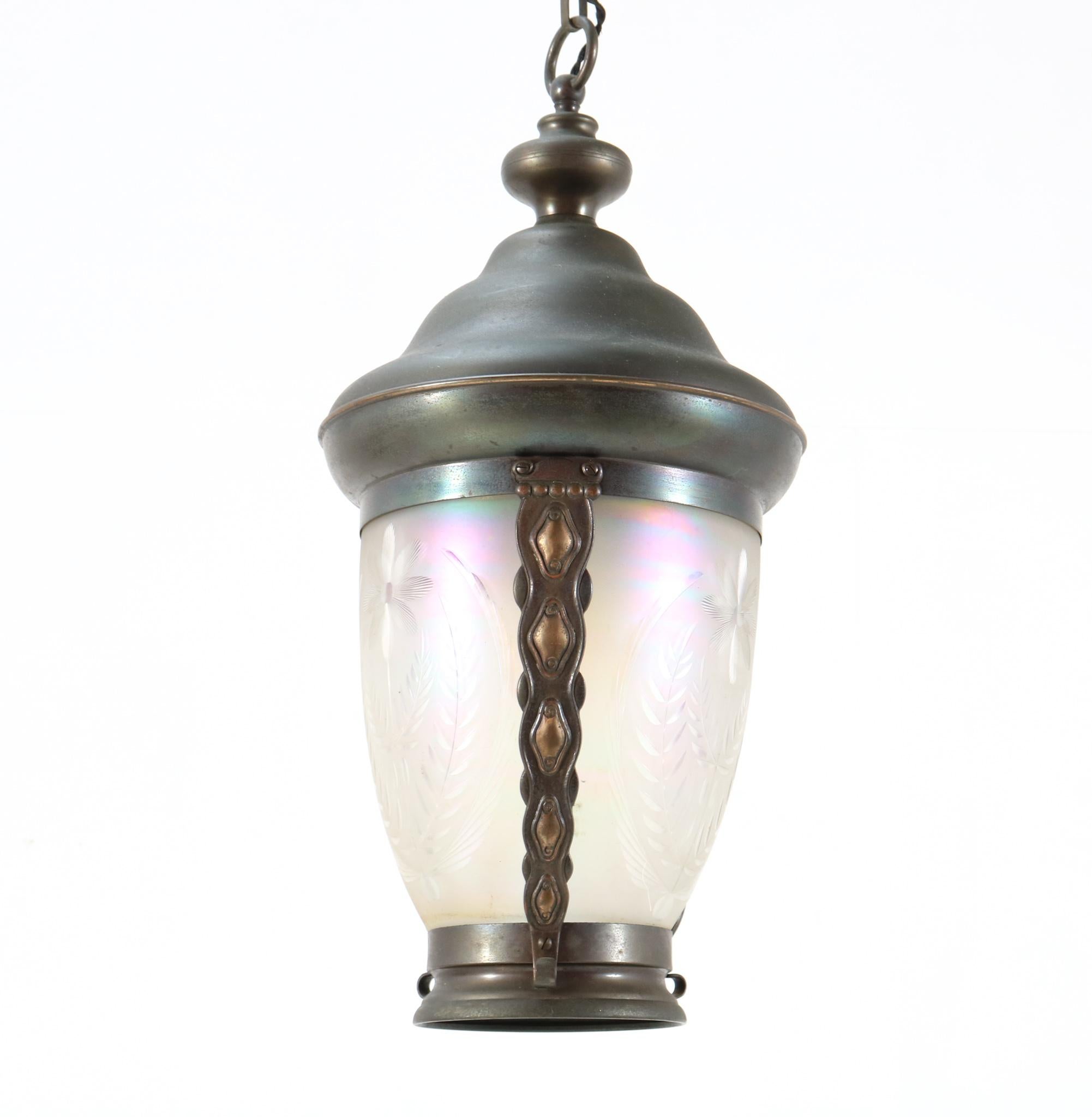 Patinated Brass Art Nouveau Pendant Light or Lantern, 1900s 1