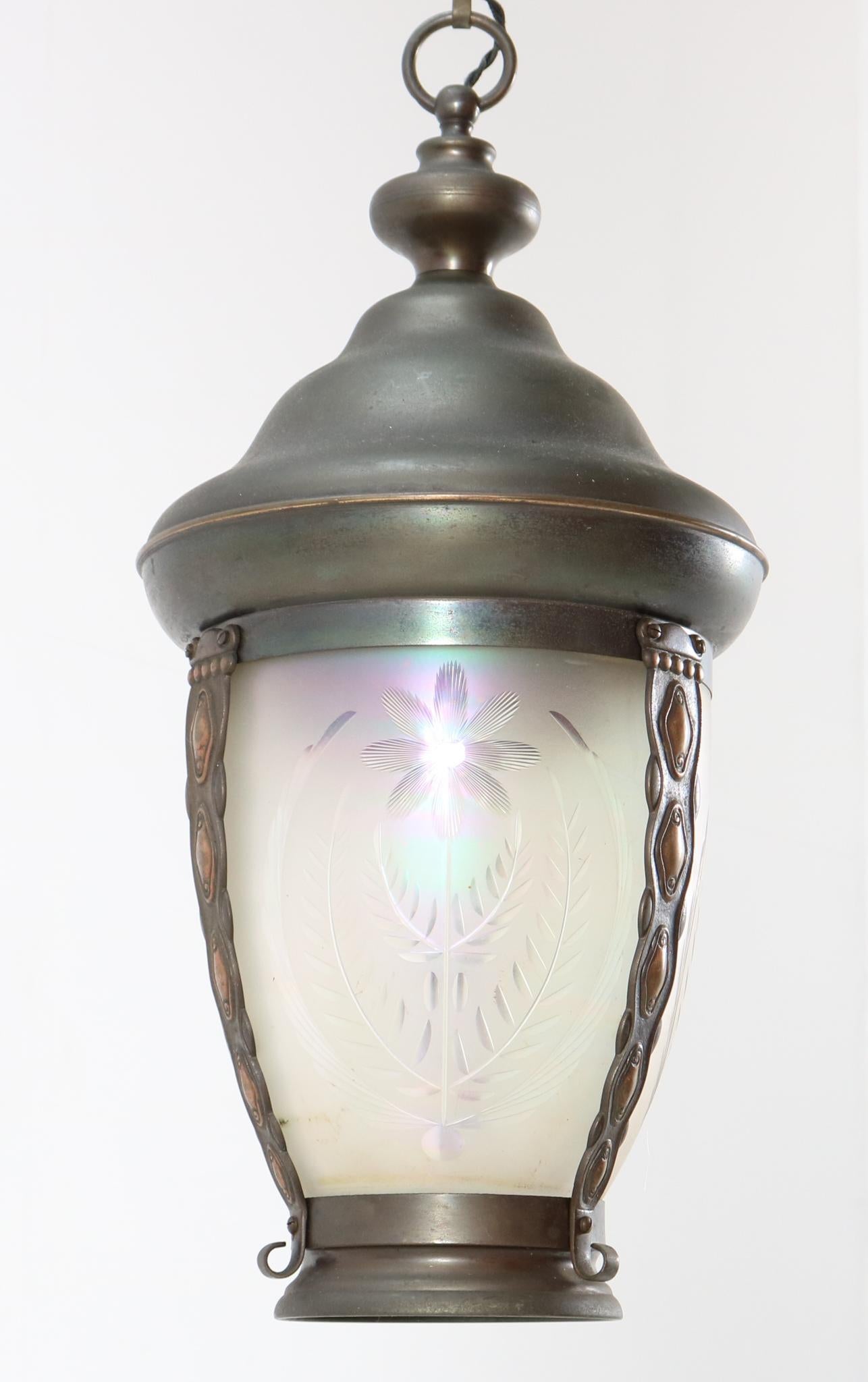 Patinated Brass Art Nouveau Pendant Light or Lantern, 1900s 2