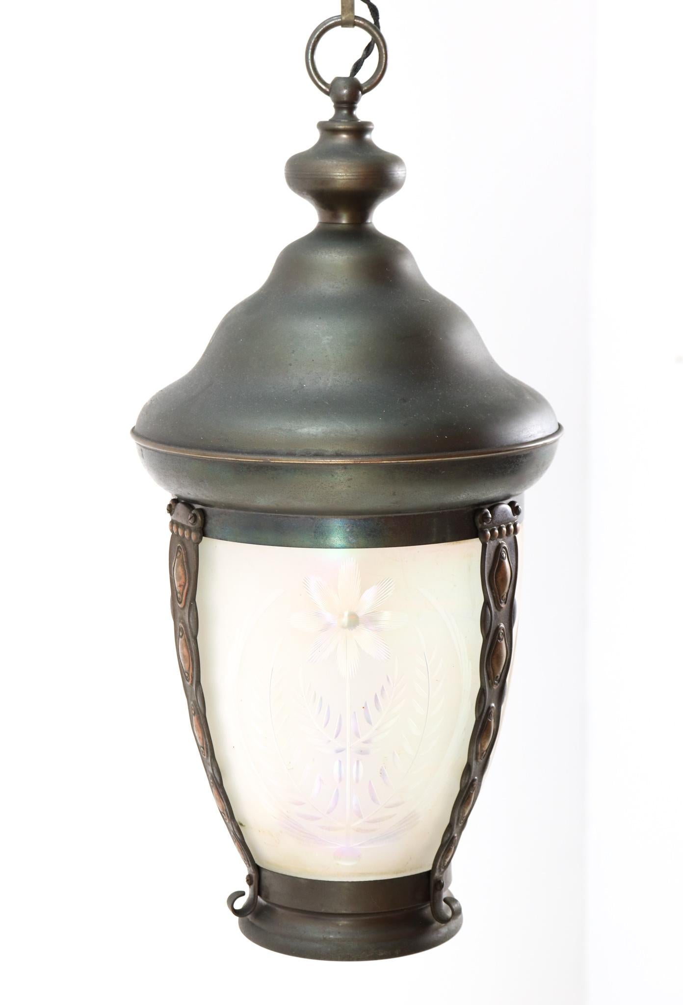 Patinated Brass Art Nouveau Pendant Light or Lantern, 1900s 3