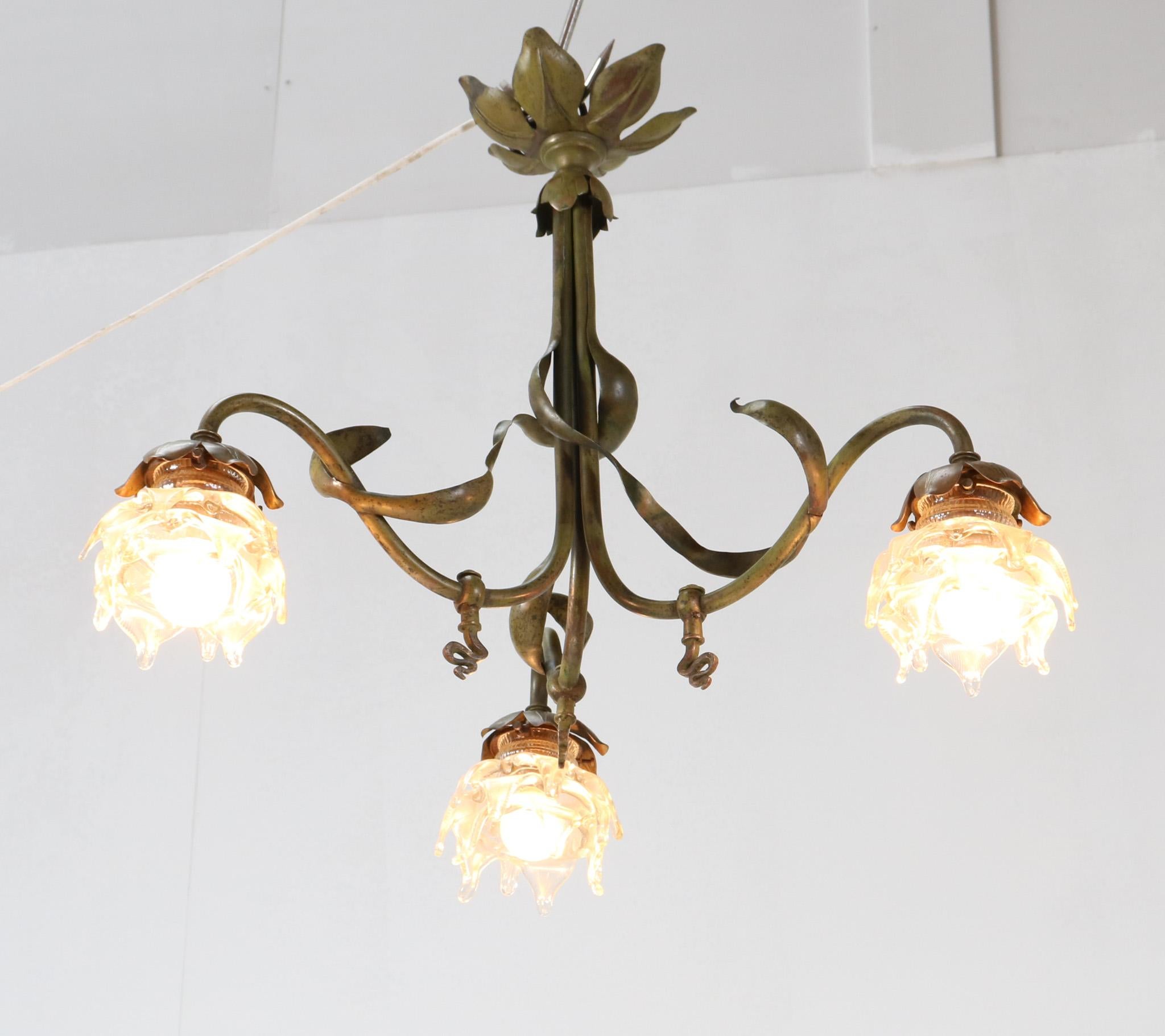 French Patinated Brass Art Nouveau Three-Light Chandelier, 1900s