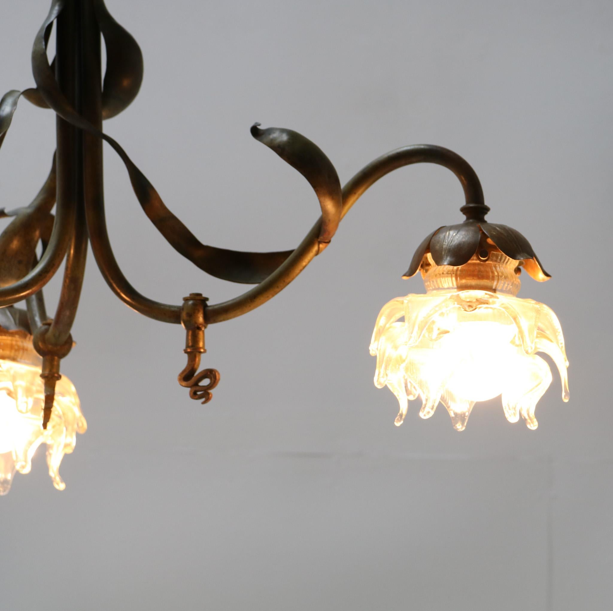 Patinated Brass Art Nouveau Three-Light Chandelier, 1900s In Good Condition In Amsterdam, NL