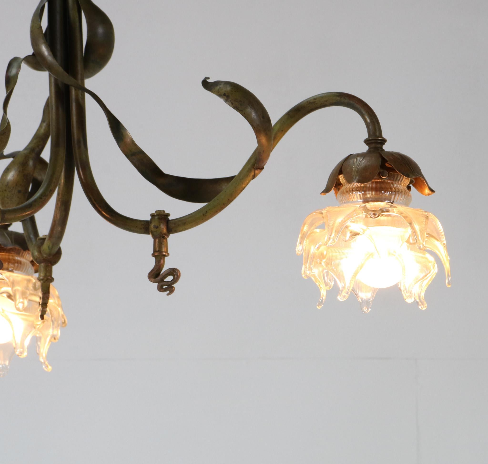 Early 20th Century Patinated Brass Art Nouveau Three-Light Chandelier, 1900s