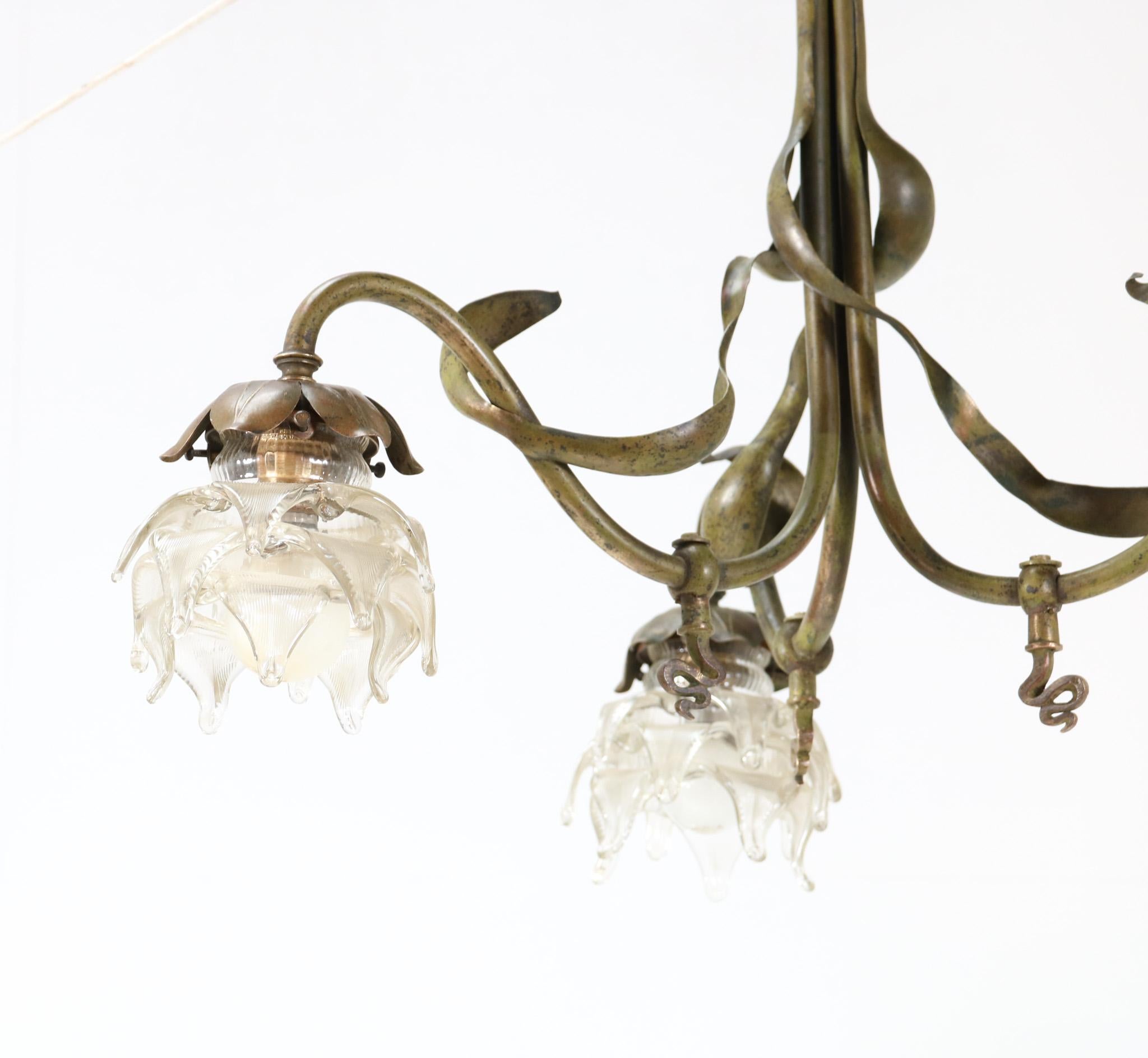 Patinated Brass Art Nouveau Three-Light Chandelier, 1900s 1
