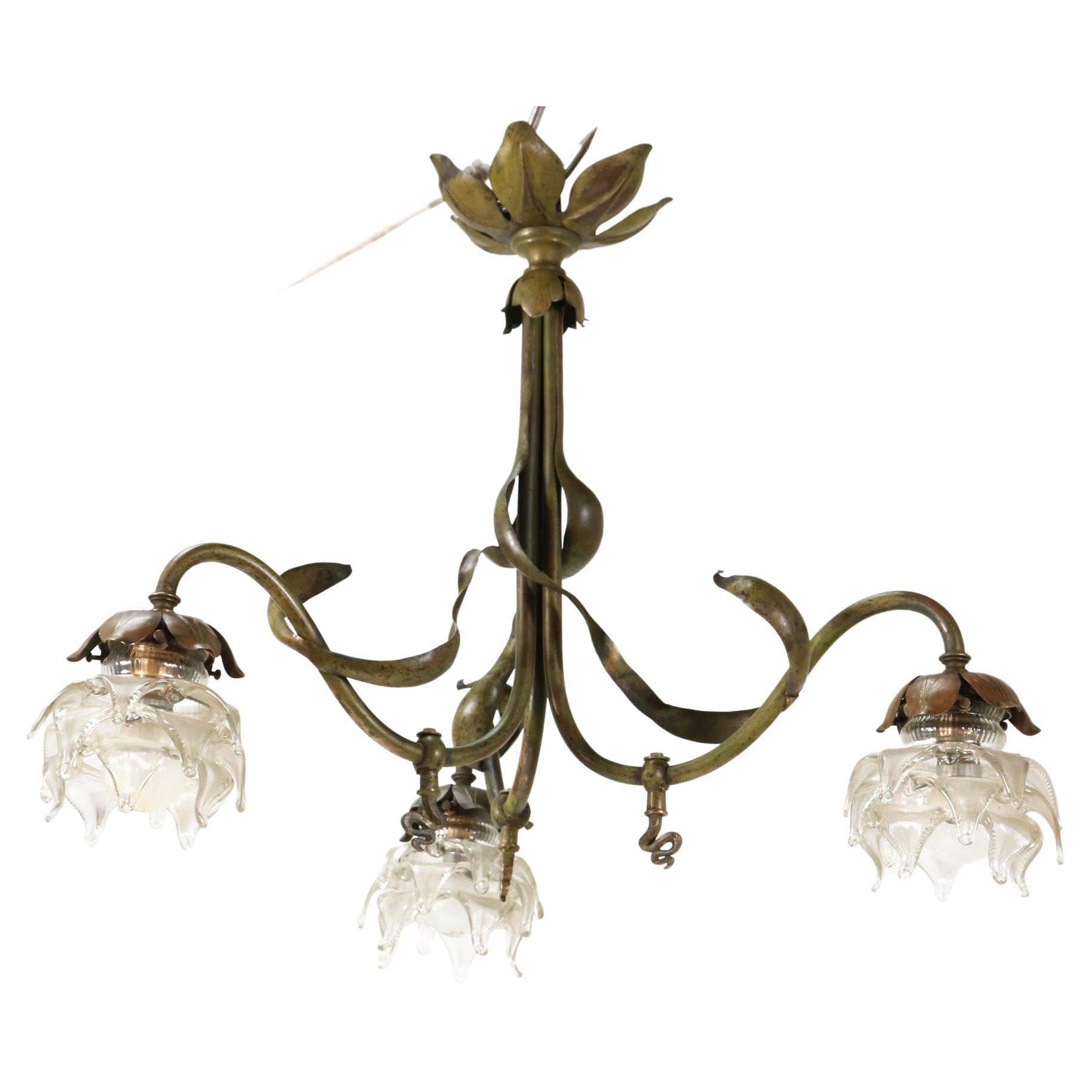 Patinated Brass Art Nouveau Three-Light Chandelier, 1900s