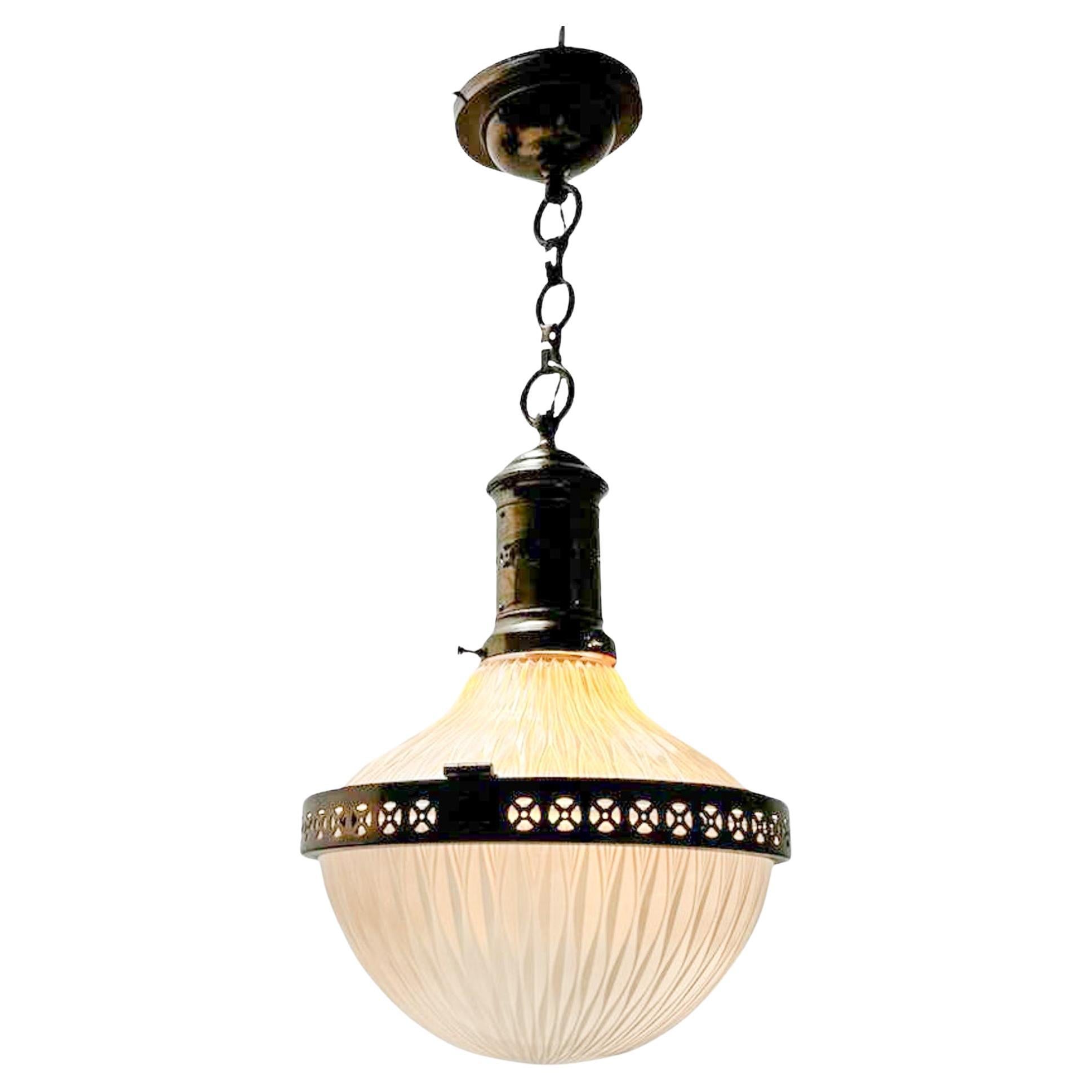 Patinated Brass Arts & Crafts Holophane Pendant Light, 1900s For Sale