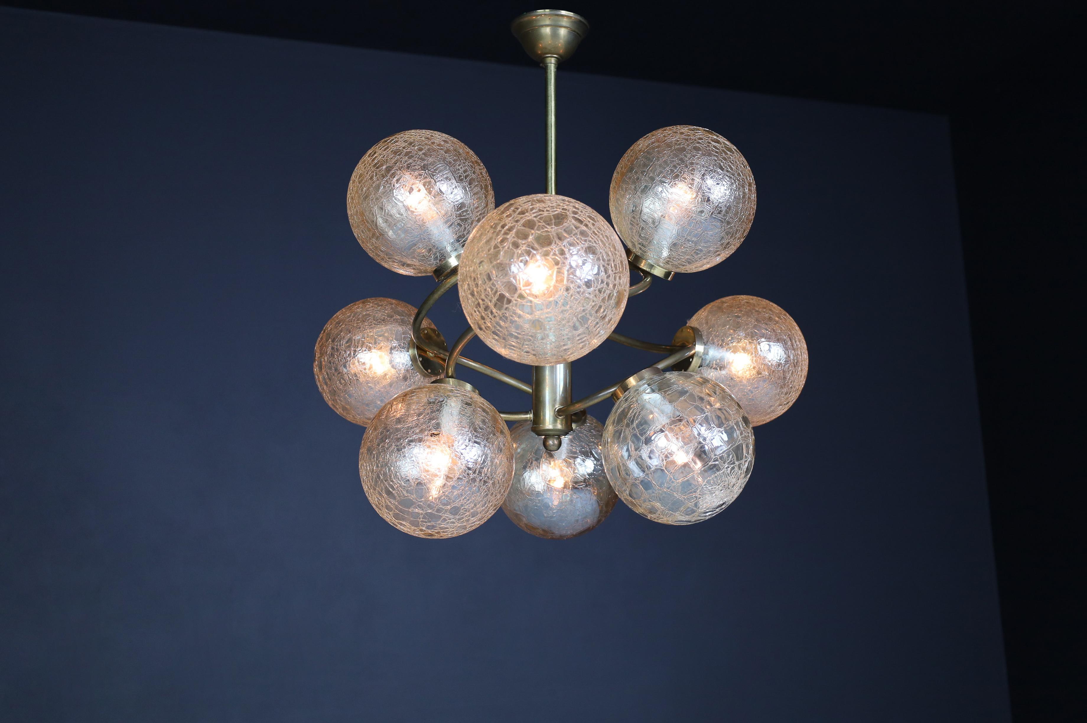 Patinated Brass Chandelier Wit Nine Amber-Colored Globes, Germany 1960s For Sale 6