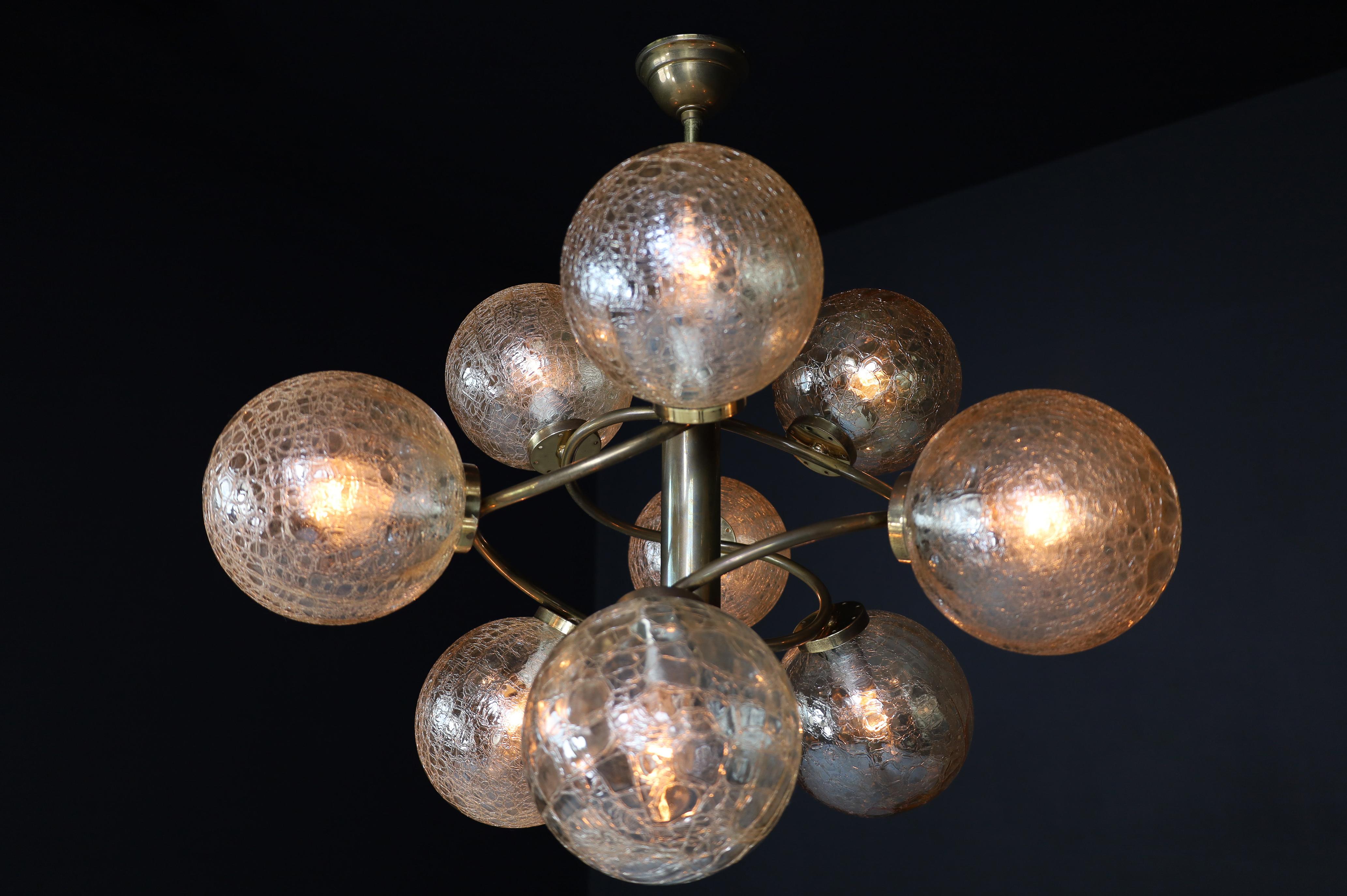 Patinated Brass Chandelier Wit Nine Amber-Colored Globes, Germany 1960s For Sale 8