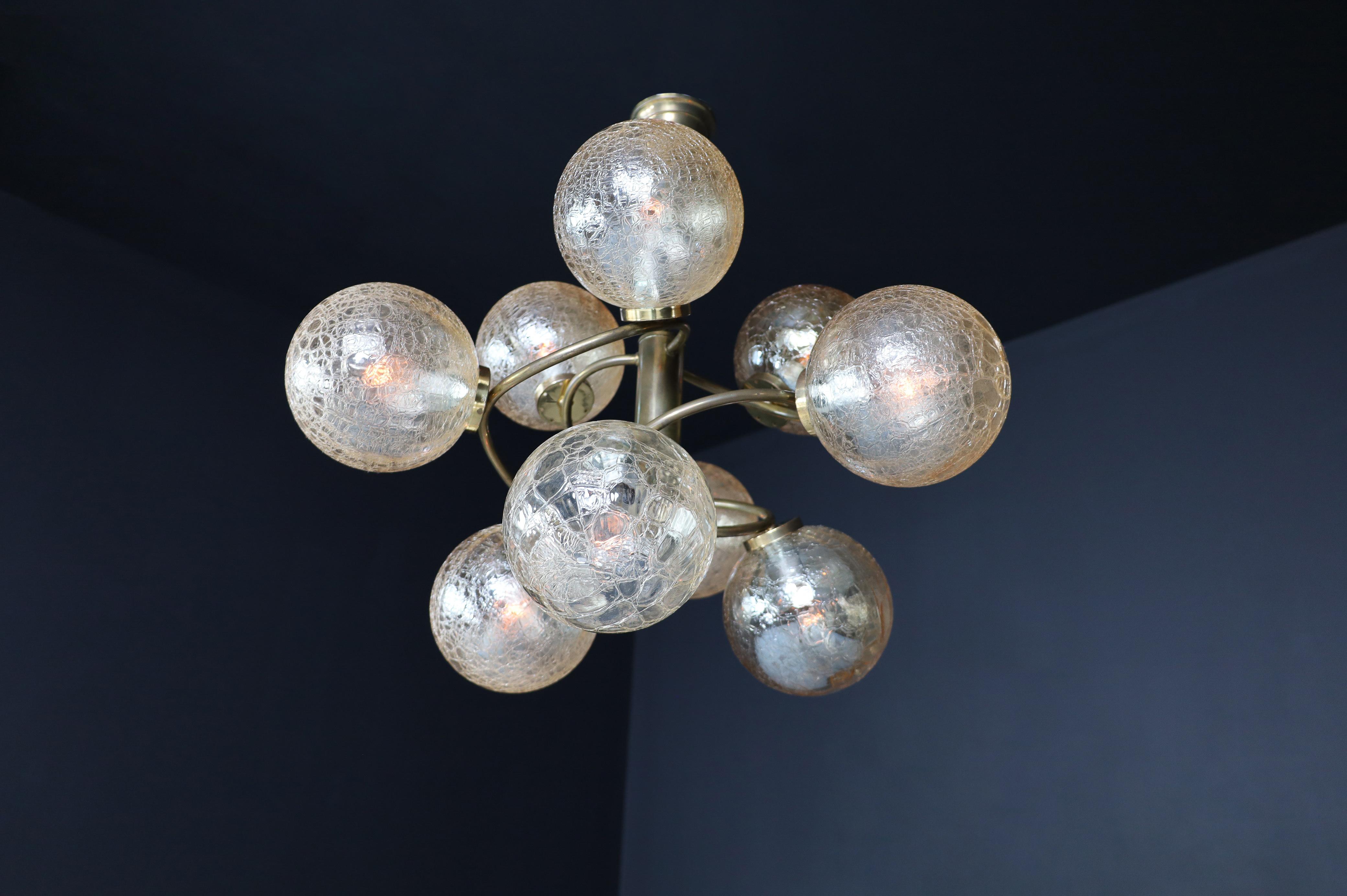 Patinated Brass Chandelier Wit Nine Amber-Colored Globes, Germany 1960s For Sale 9