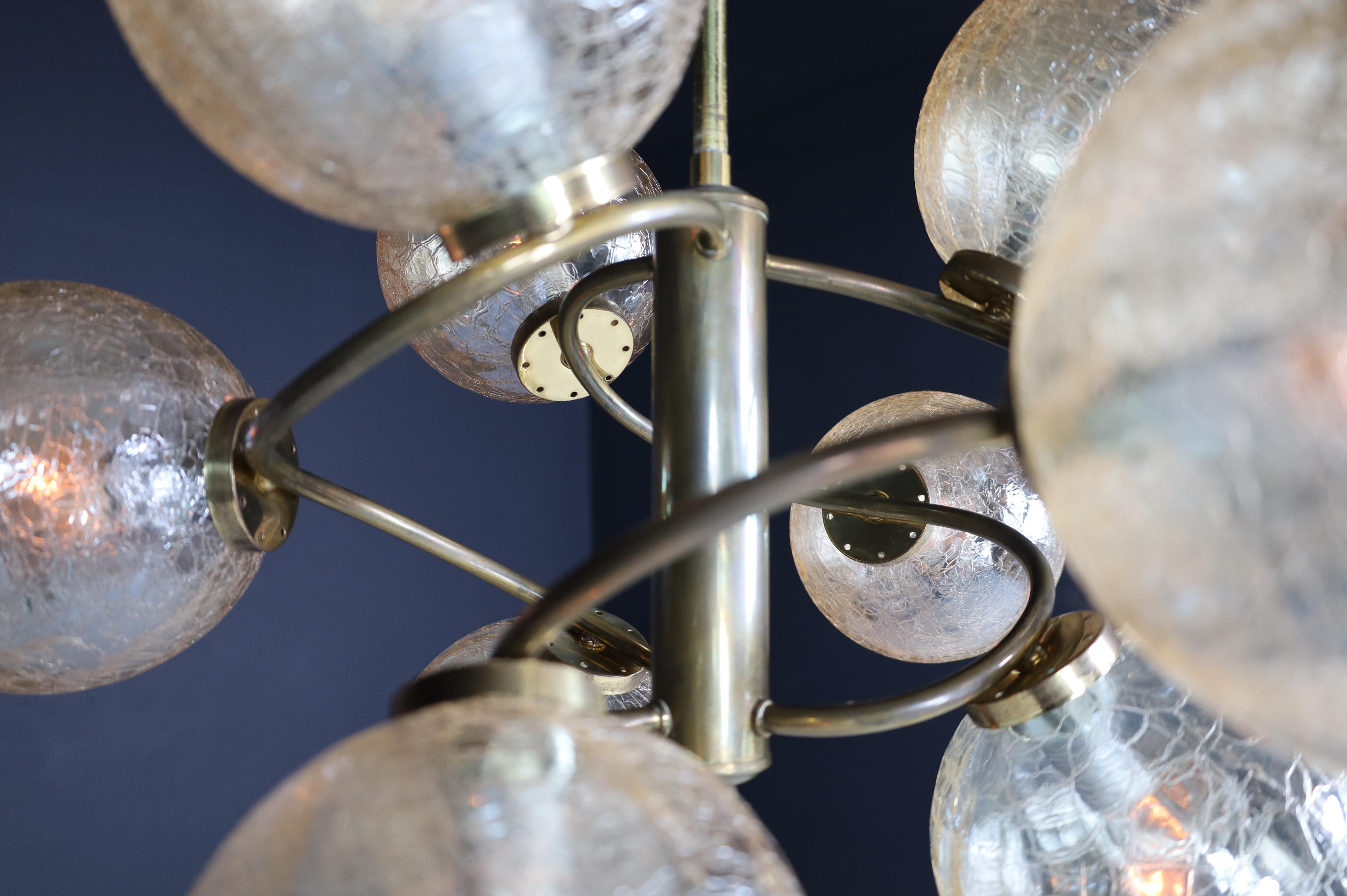 Patinated Brass Chandelier Wit Nine Amber-Colored Globes, Germany 1960s For Sale 10