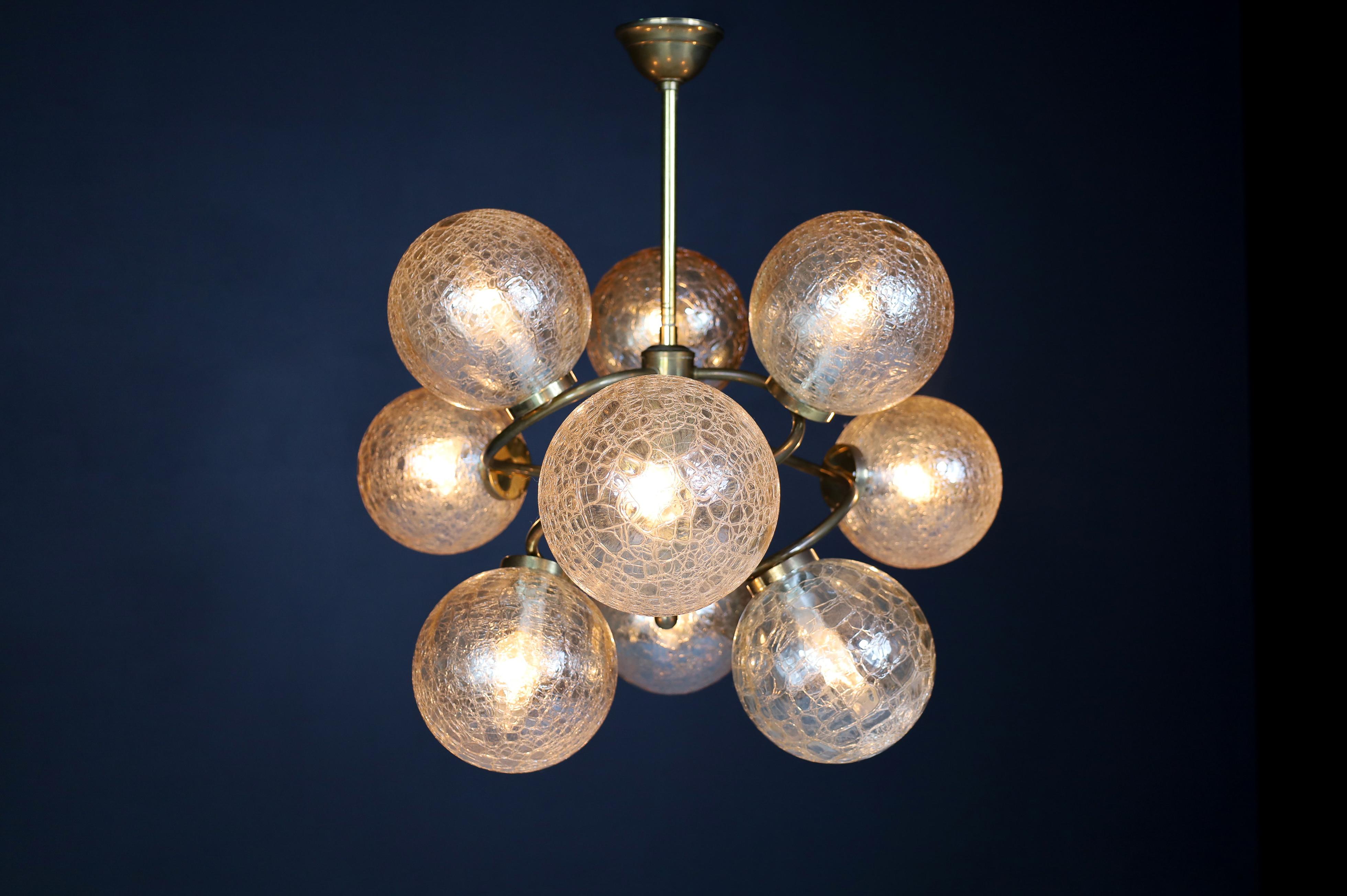 Patinated Brass Chandelier Wit Nine Amber-Colored Globes, Germany 1960s For Sale 11