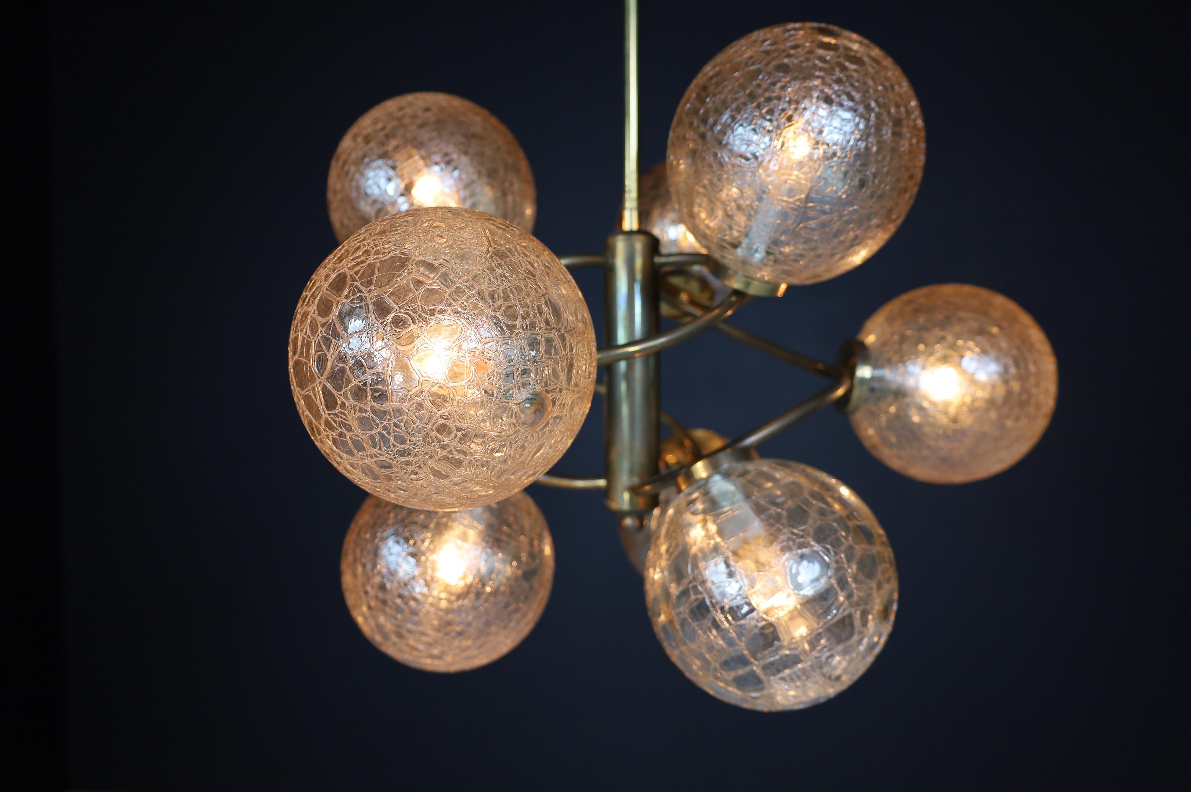 20th Century Patinated Brass Chandelier Wit Nine Amber-Colored Globes, Germany 1960s For Sale