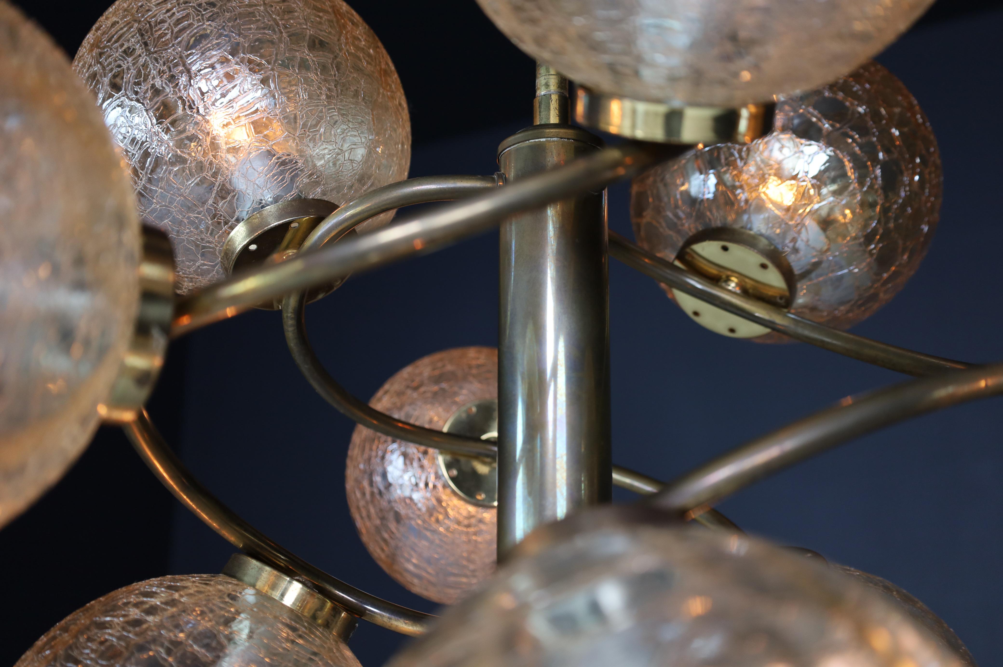 Patinated Brass Chandelier Wit Nine Amber-Colored Globes, Germany 1960s For Sale 1