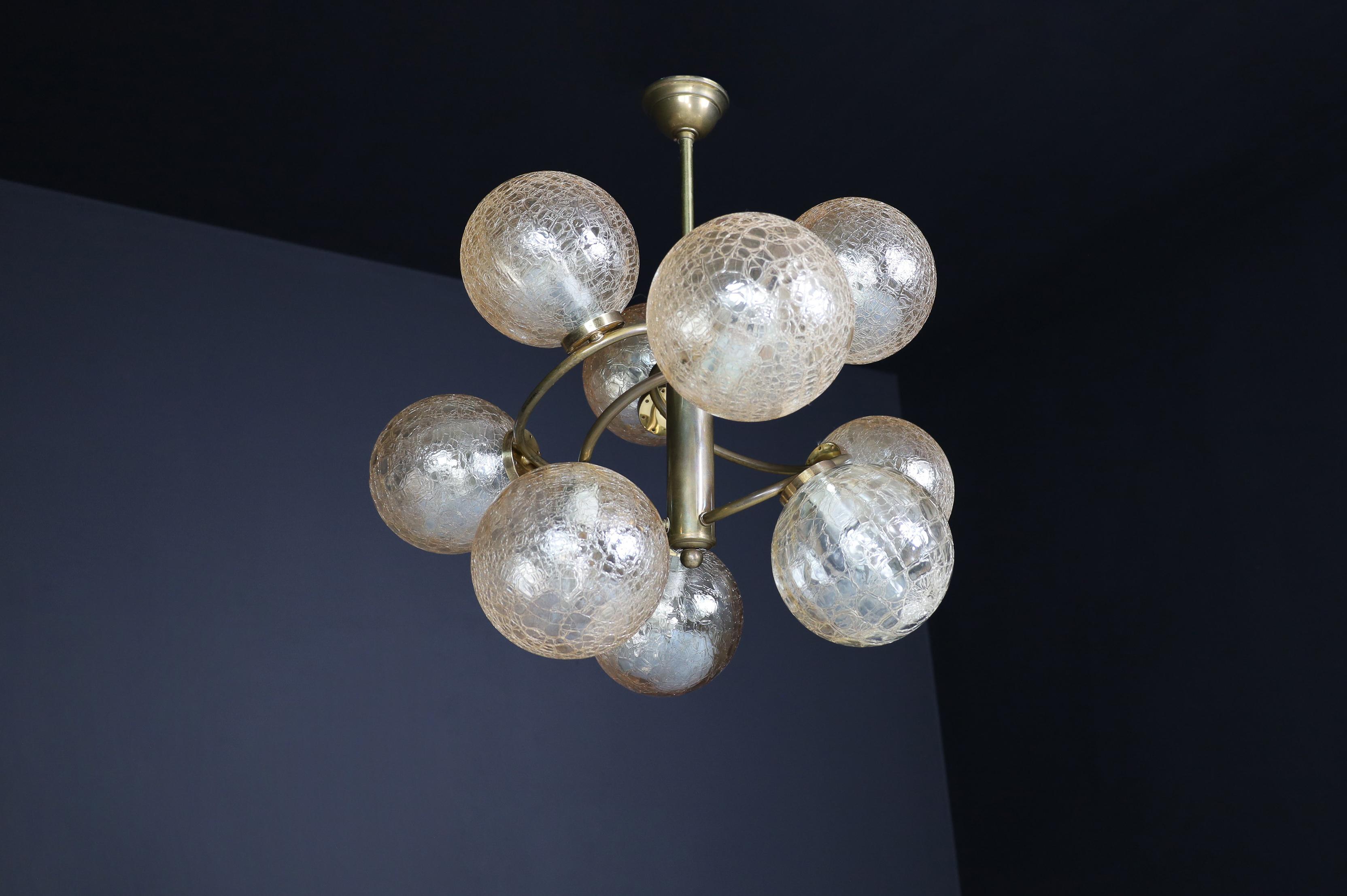 Patinated Brass Chandelier Wit Nine Amber-Colored Globes, Germany 1960s For Sale 4