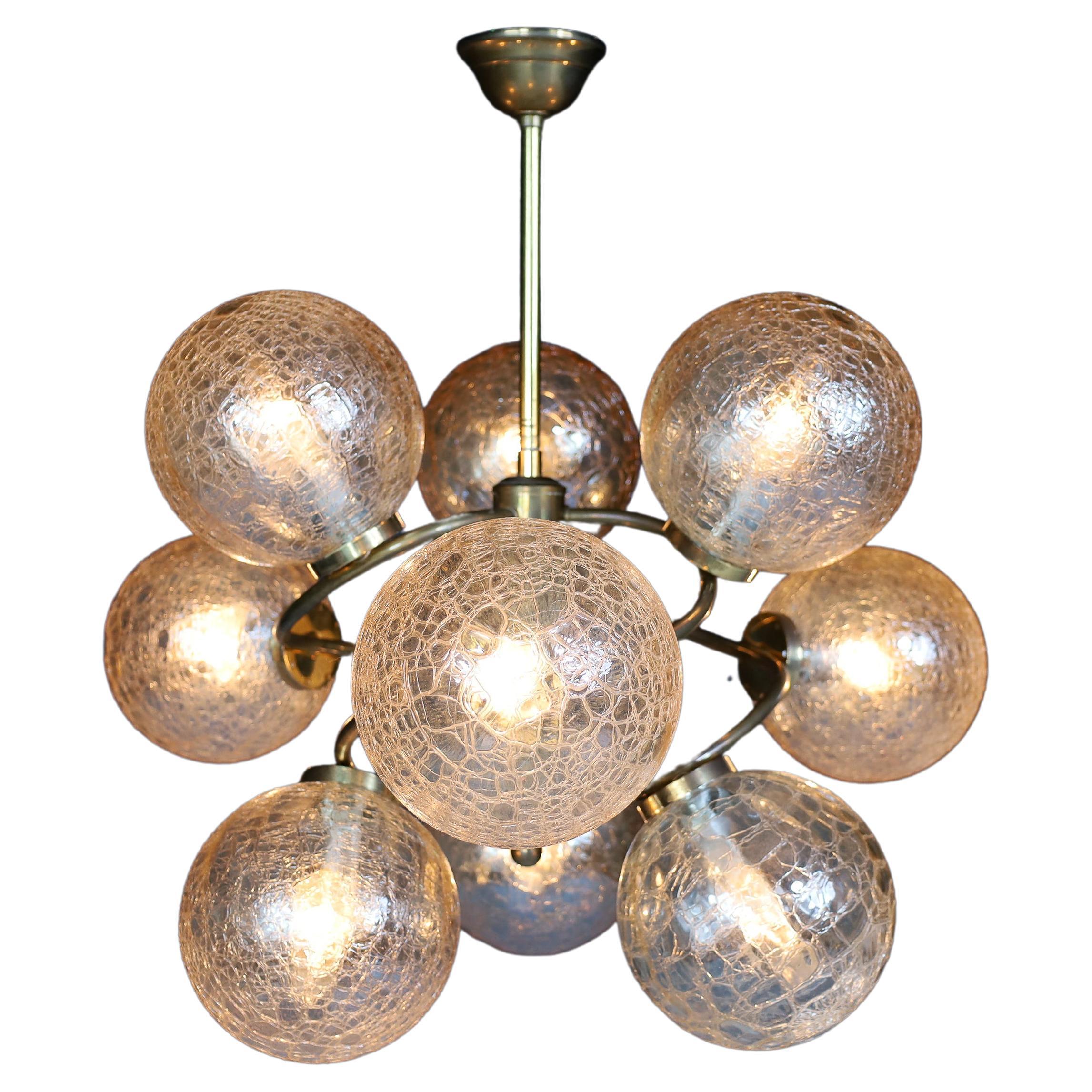 Patinated Brass Chandelier Wit Nine Amber-Colored Globes, Germany 1960s For Sale