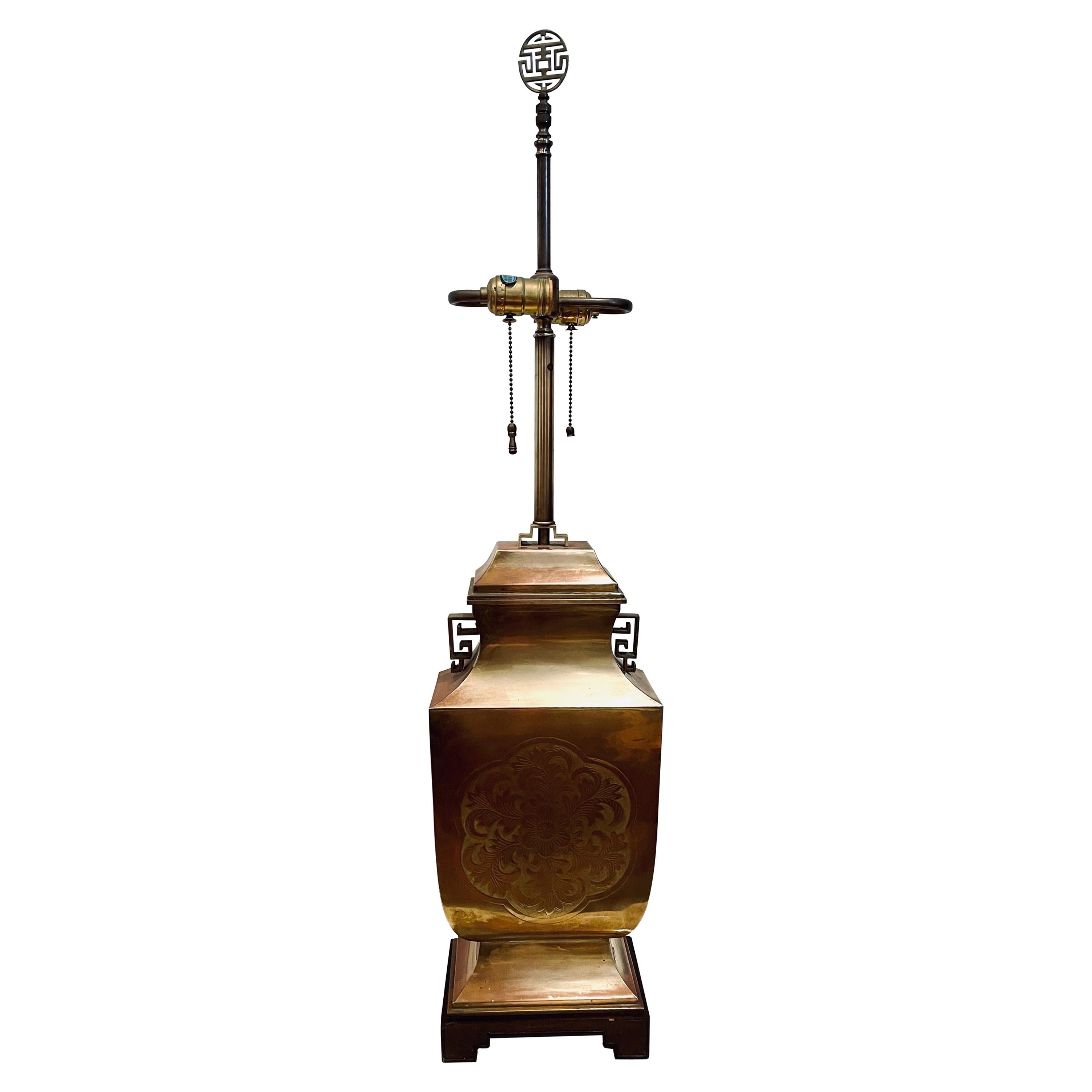 Patinated Brass Chinese Tall Urn Lamp on Wood Base