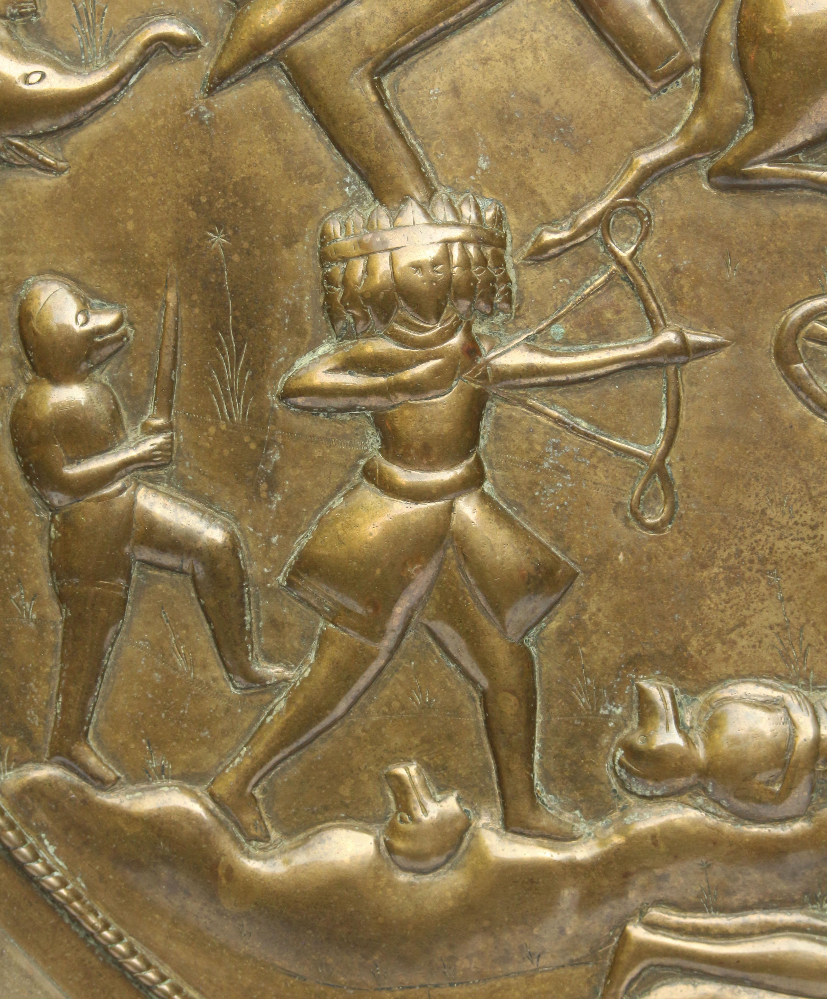 18th Century Patinated Brass Disc Depicting Scenes from the Ramayana