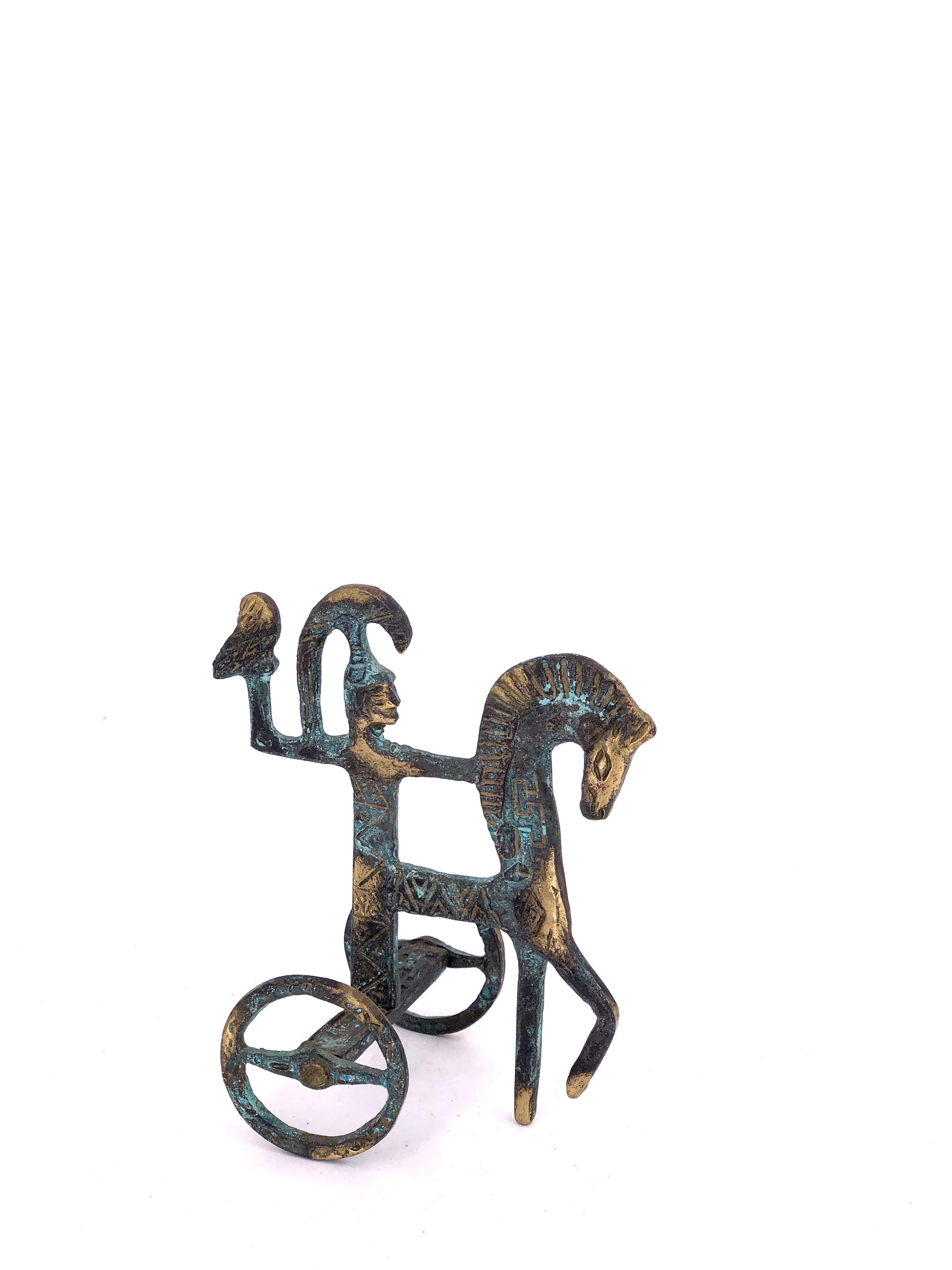 Simple and elegant Etruscan patinated brass horse and chariot sculpture in the style of Frederic Weinberg, circa 1960s. Minimalist and modern, this piece has nice etched detailing and is perfect for an office or mantel.
