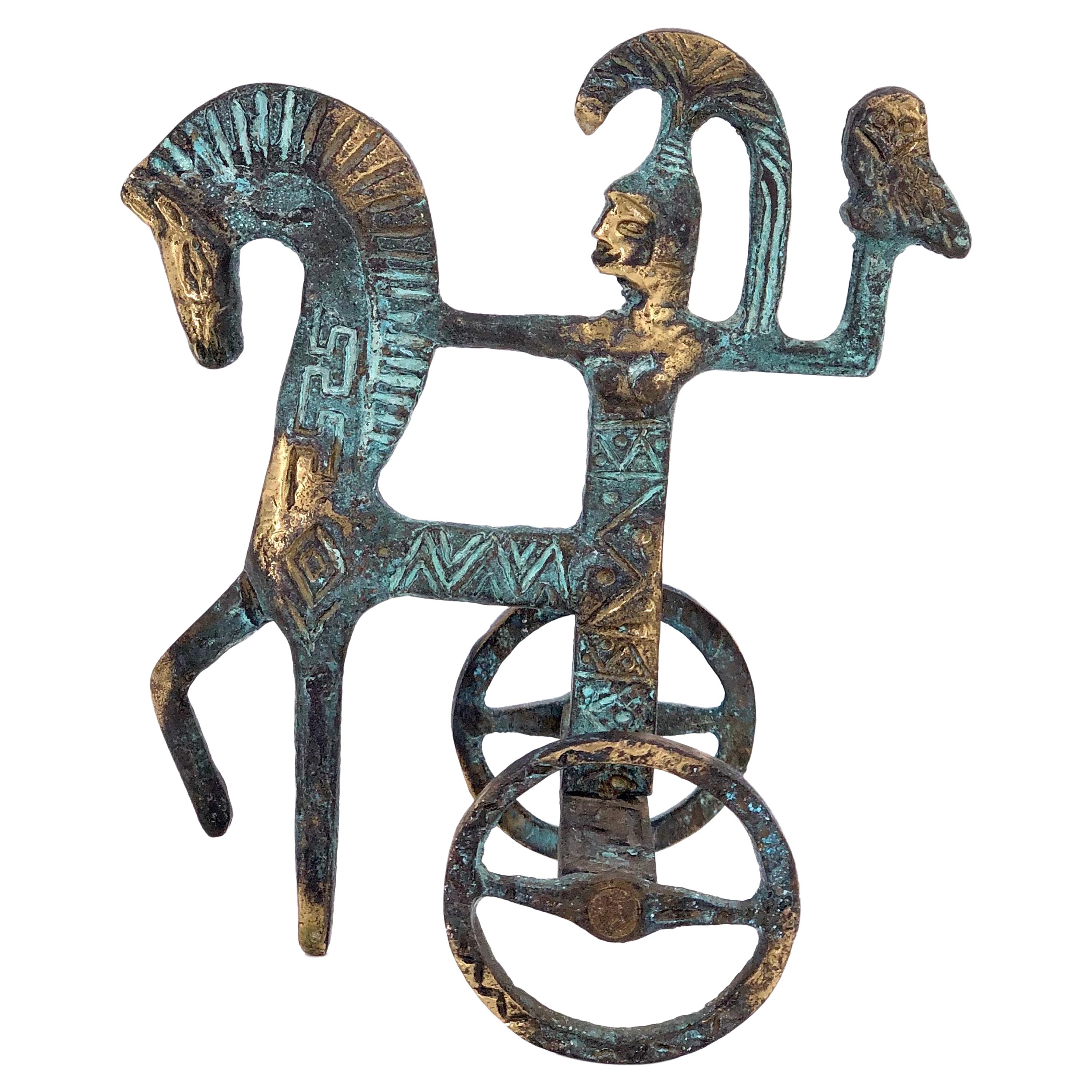 Patinated Brass Etruscan Horse and Chariot Sculpture