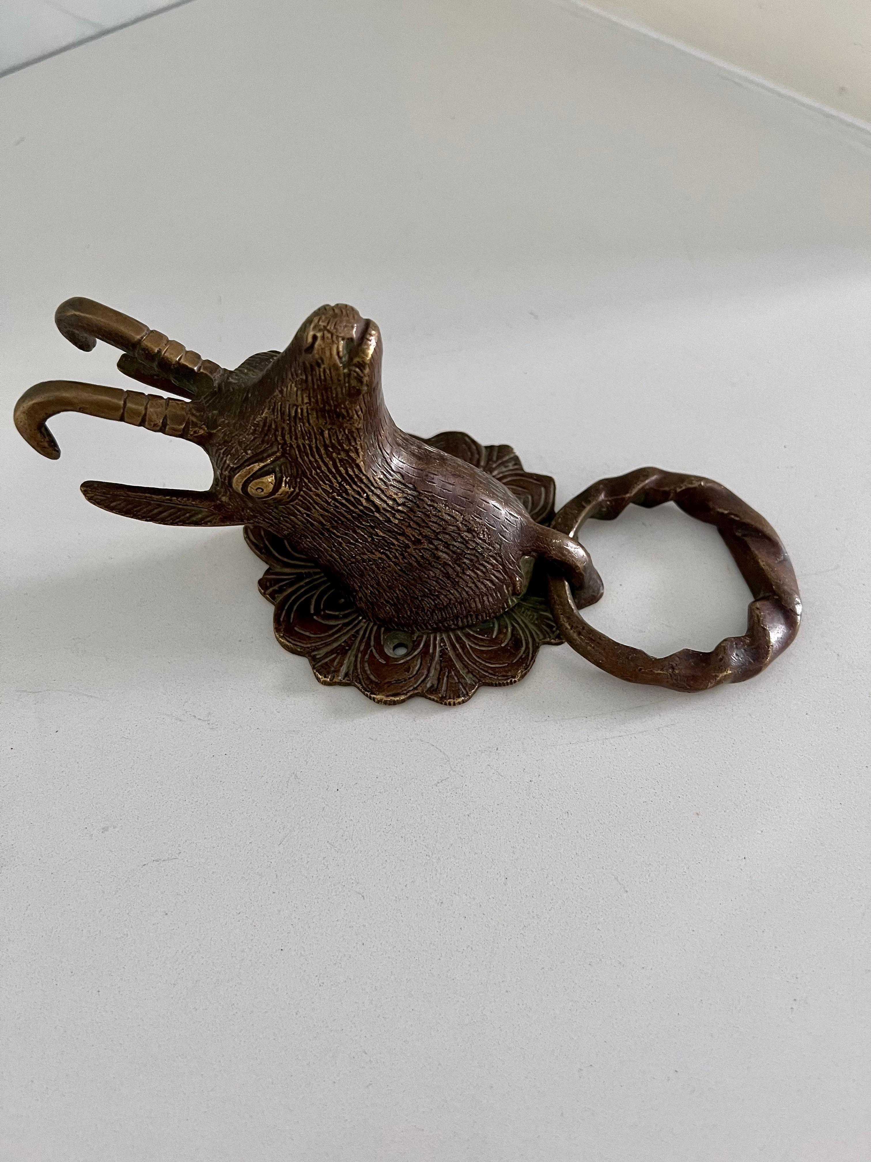 Patinated Brass Horned Goat Door Knocker  In Good Condition In Los Angeles, CA