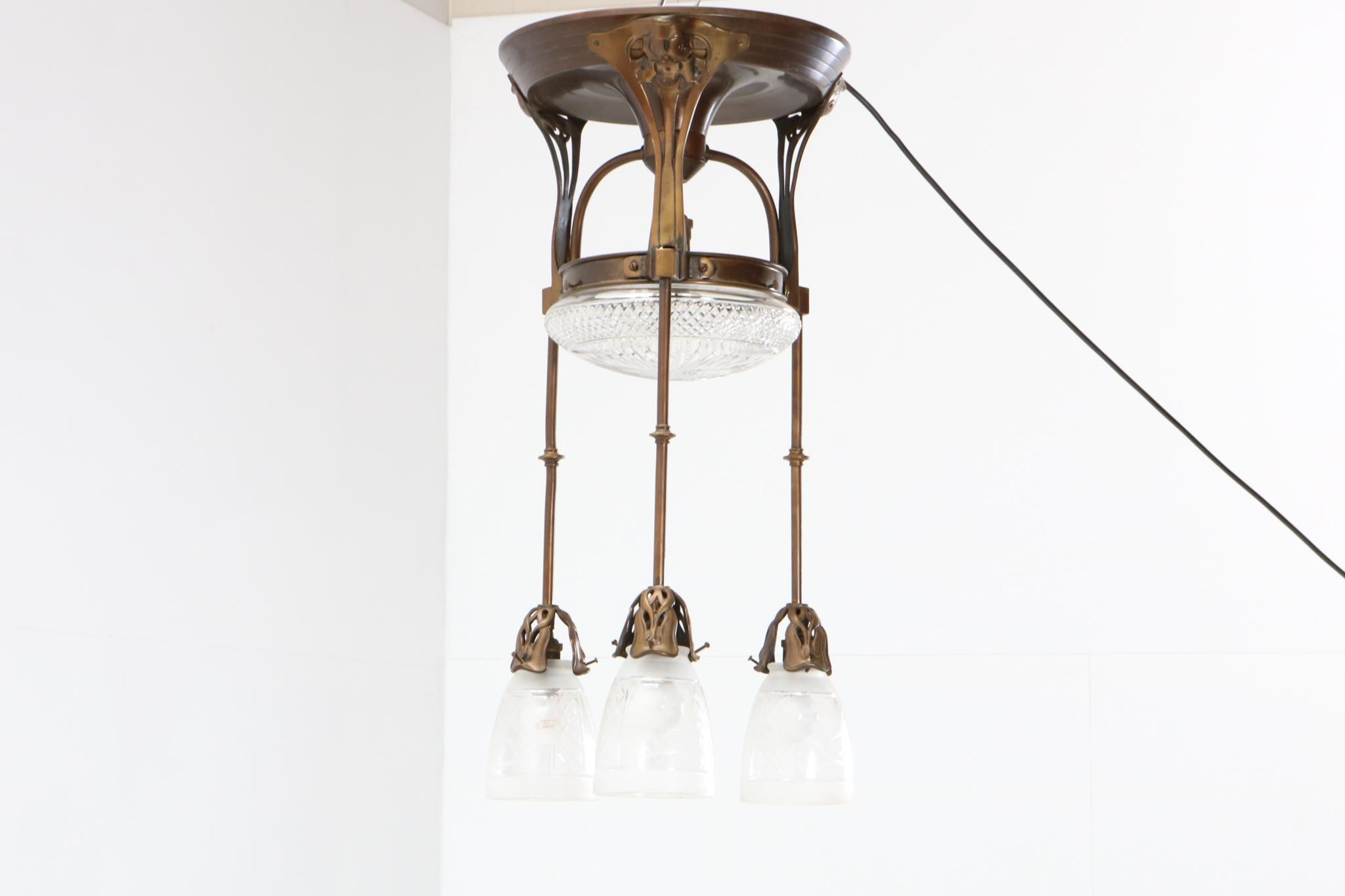 Patinated Brass Jugendstil Art Nouveau Chandelier, 1900s 3