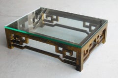 Patinated Brass Low Coffee Table with Greek Key Design, Laverne Style