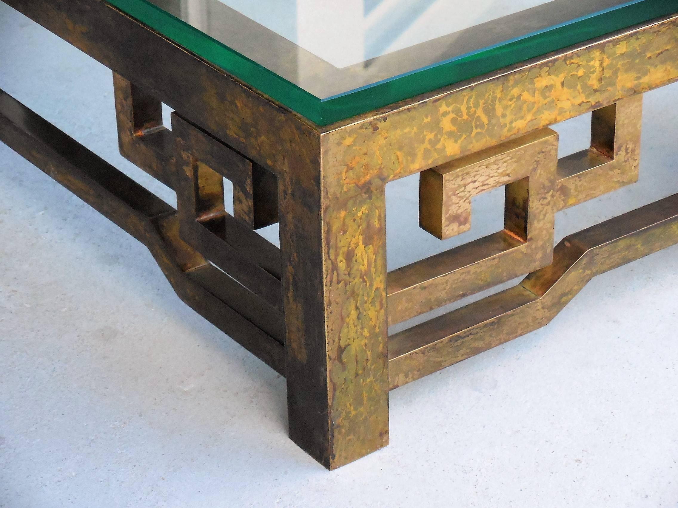 American Patinated Brass Low Coffee Table with Greek Key Design, Laverne Style For Sale