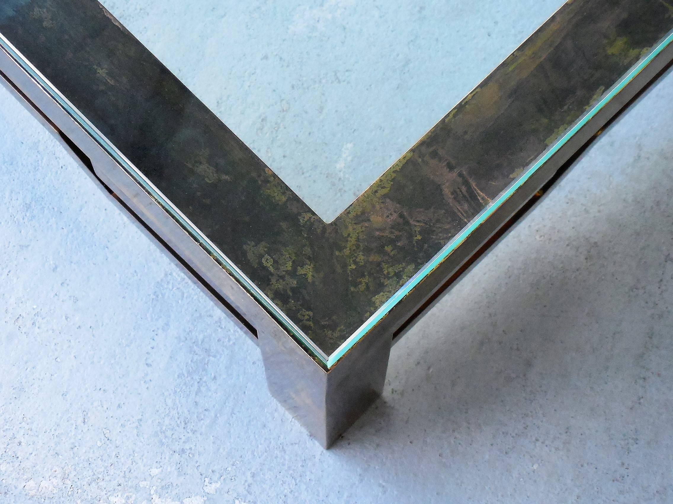 Patinated Brass Low Coffee Table with Greek Key Design, Laverne Style In Good Condition For Sale In Miami, FL