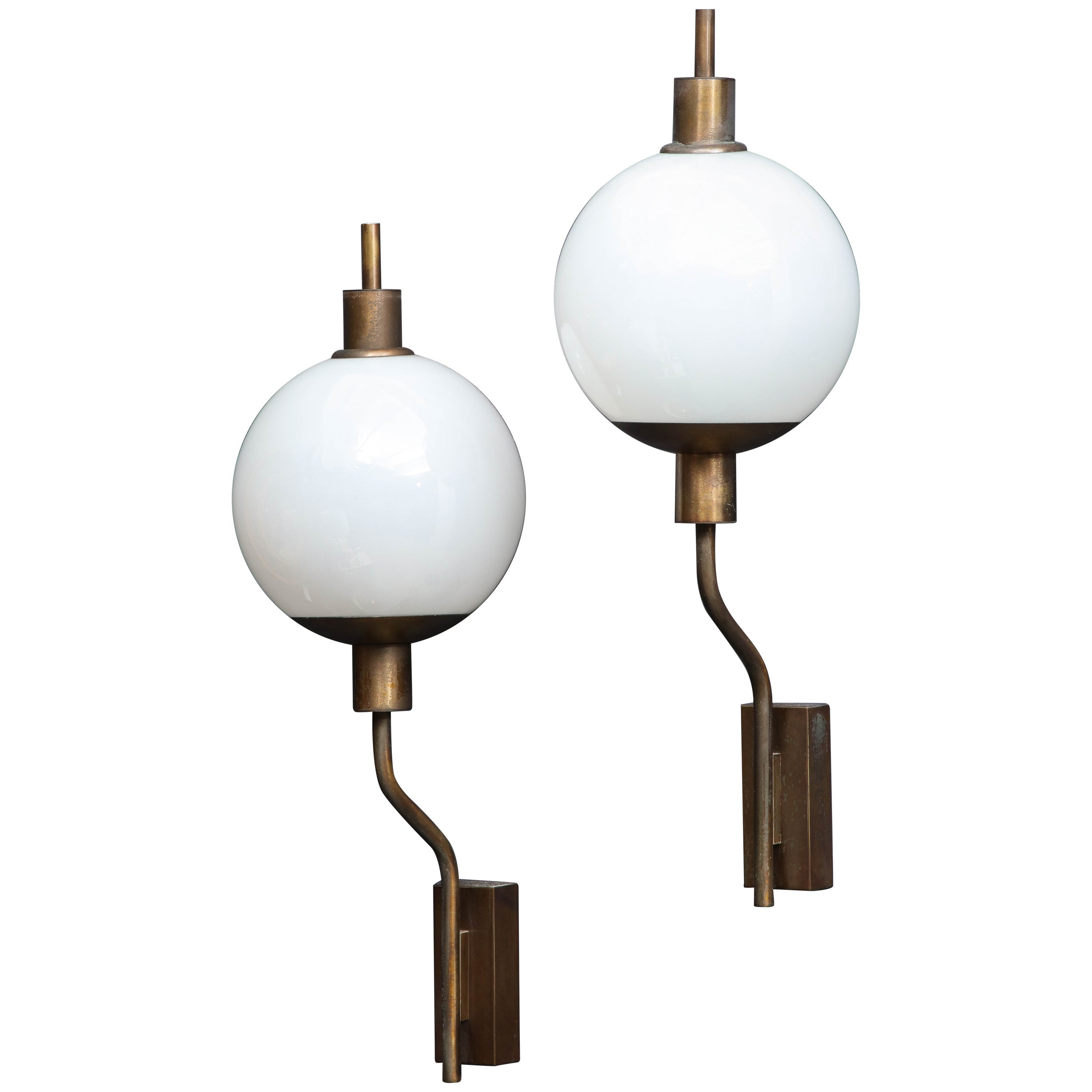 Patinated Brass & Opaline Sconces att. Luigi Caccia Dominioni - Italy 1960's